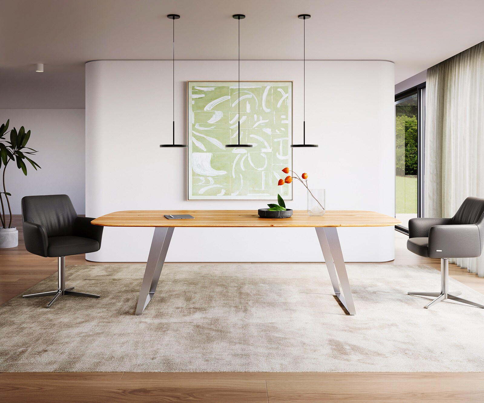 Eettafel Edge Boot 240x120x2,5-3 eiken natuur RVS schuin Zwitserse rand 1