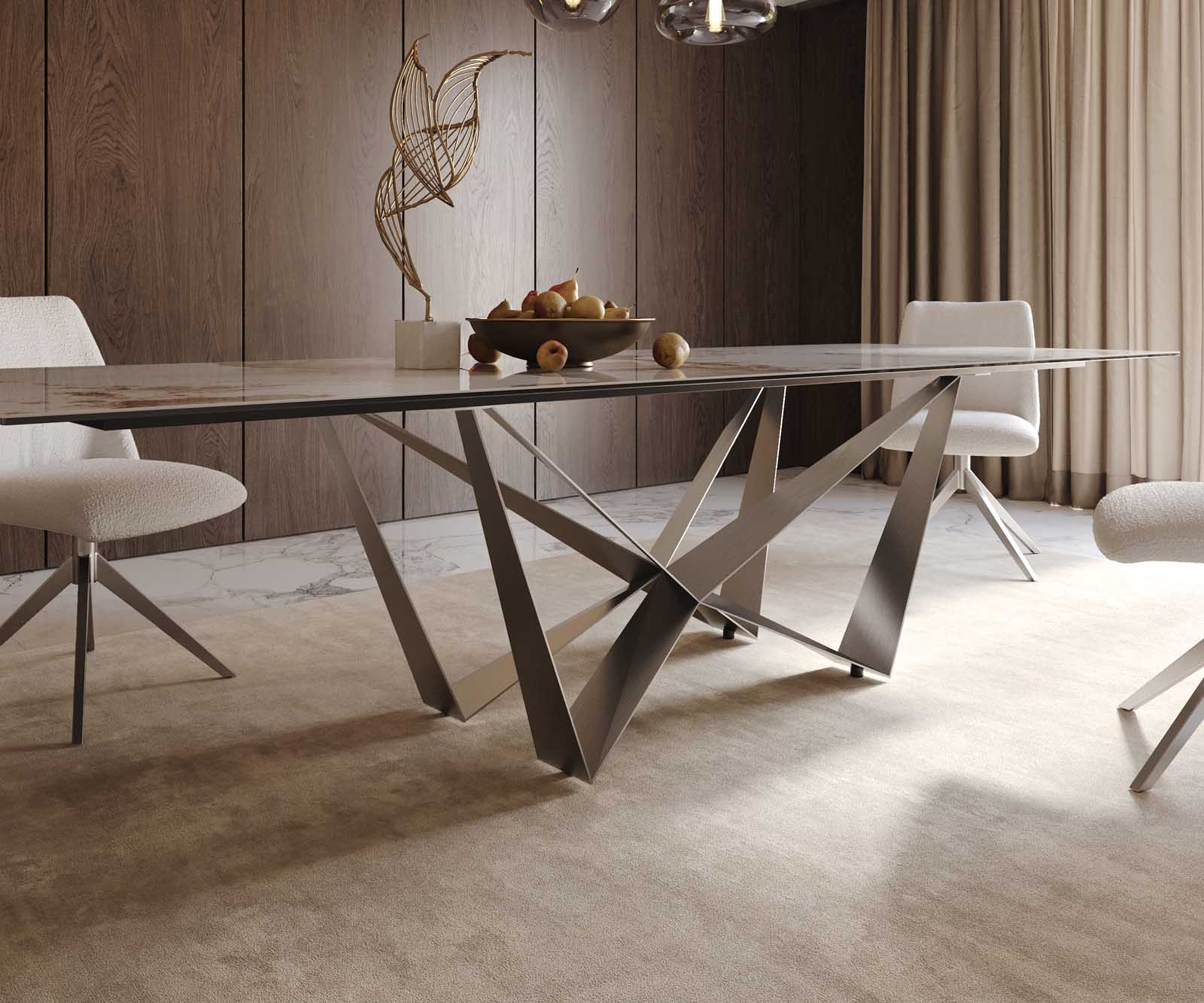 Eetkamertafel Edge 300x100 keramiek Minas Melange wit-beige spider vlak staal RVS 7