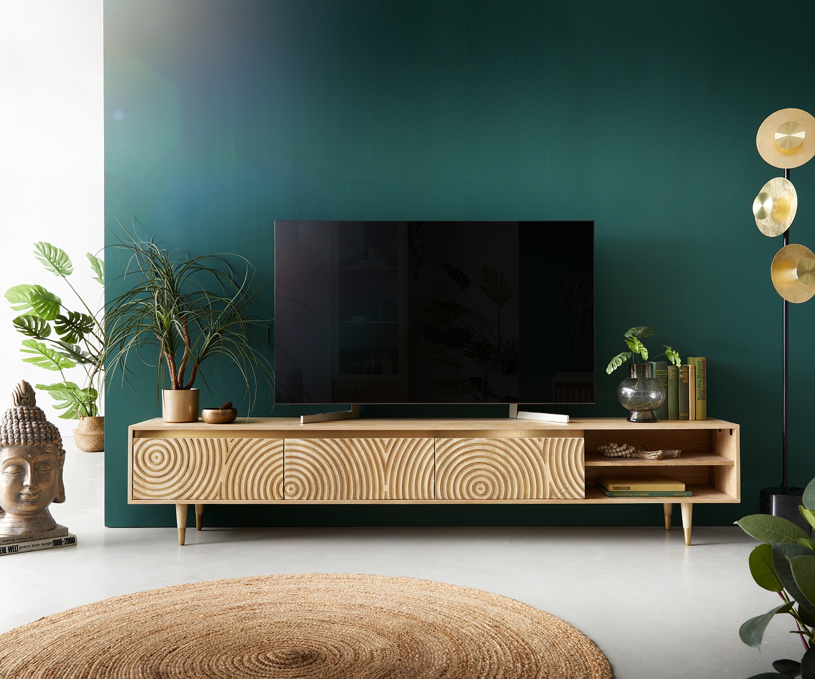 Tv-meubel Budaya 220 cm mango natuur 3 deurs poot rond 1 Tv-meubel Budaya 220 cm mango natuur 3 deurs poot rond 1