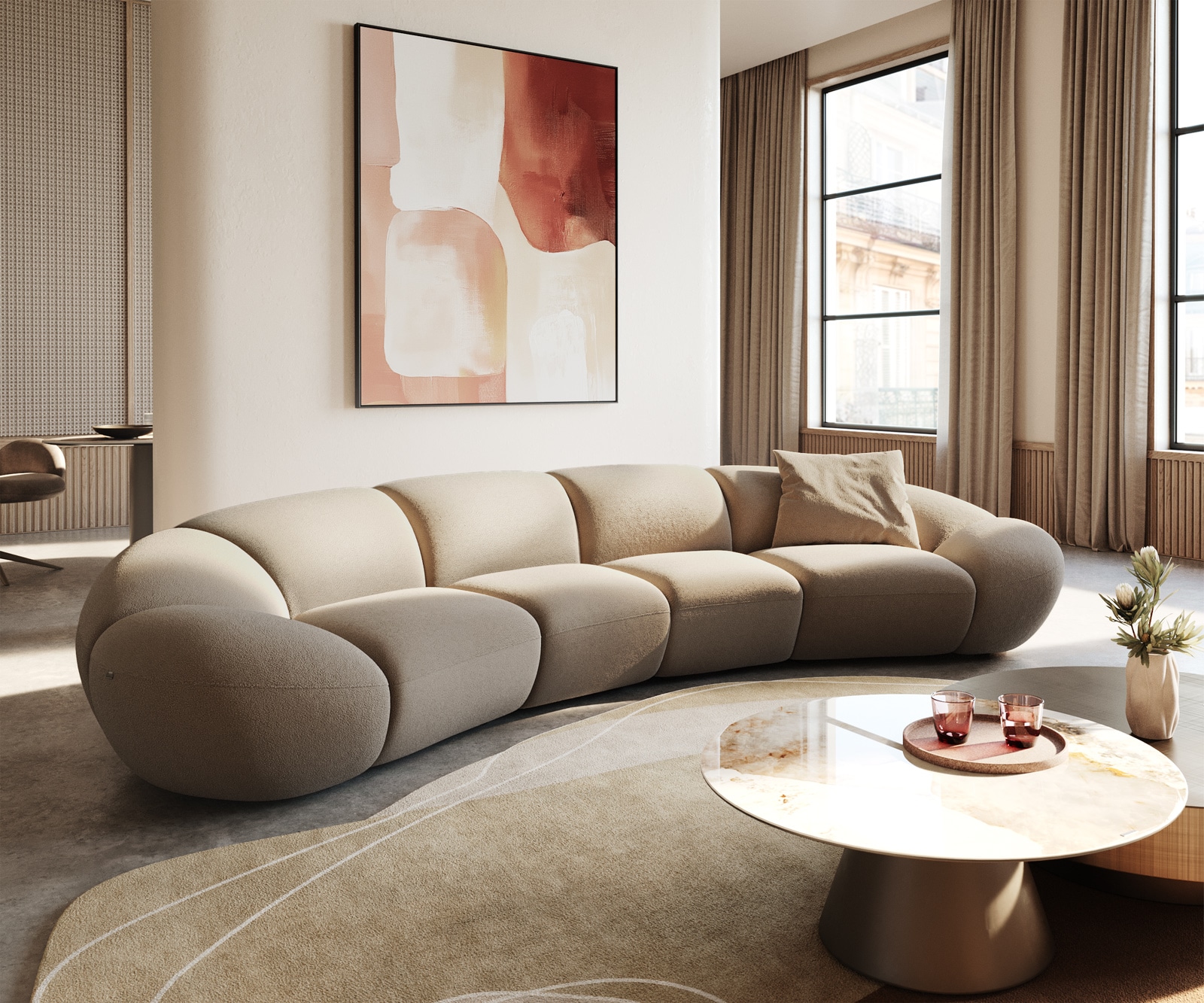 Grote sofa Lunna 360x175 cm Bouclé natuur 2 kussens