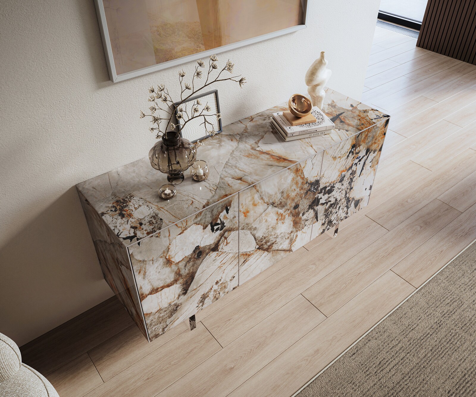 Dressoir Cuor 150 cm Keramiek Patagonia gepolijst 3 Deuren Zwevende voet look Acrylglas 4