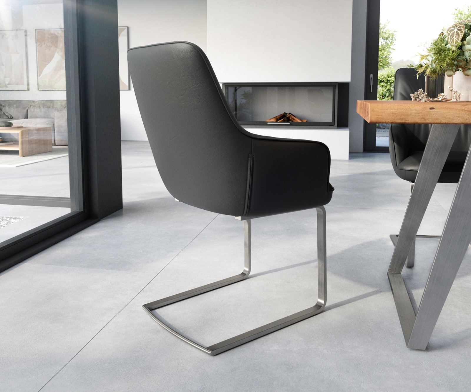 Sledemodel Zelia-Flex met armleuning echt leer zwart sledemodel vlak roestvrij staal pocketveer kern 4 Sledemodel Zelia-Flex met armleuning echt leer zwart sledemodel vlak roestvrij staal pocketveer kern 4