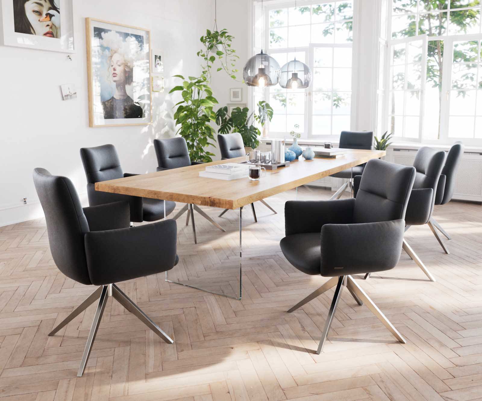 Draaistoel Jova-Flex met armleuning echt leer zwart kruisframe breed roestvrij staal 360° draaibaar pocketveer kern 4 Draaistoel Jova-Flex met armleuning echt leer zwart kruisframe breed roestvrij staal 360° draaibaar pocketveer kern 4