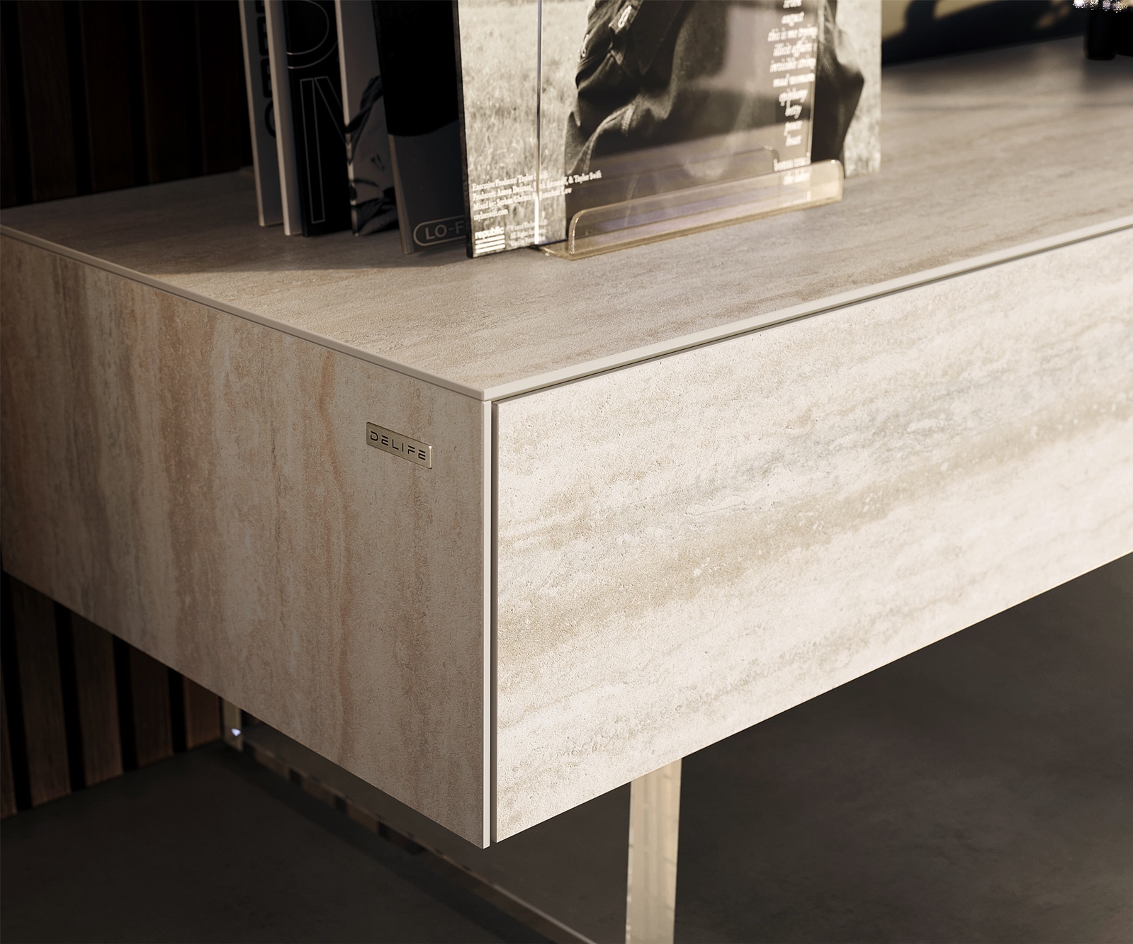 Tv-meubel Cuor 150 cm Keramiek Laminam® Travertino Bianco Crème-wit 1 Flap 1 Lade Zwevende voet look Acrylglas 6 Tv-meubel Cuor 150 cm Keramiek Laminam® Travertino Bianco Crème-wit 1 Flap 1 Lade Zwevende voet look Acrylglas 6