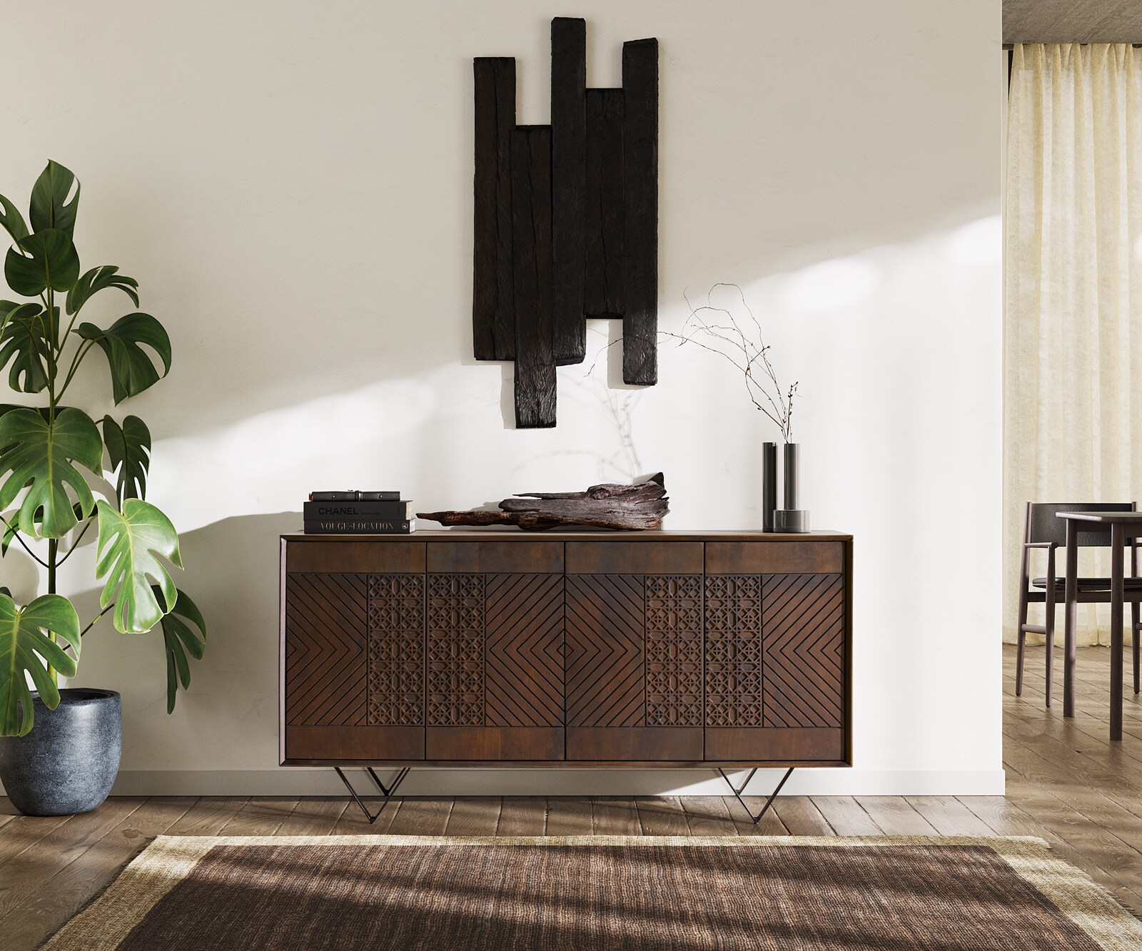 Dressoir Manjula 145 cm mangohout bruin 4 deuren V-poot metaal zwart 1