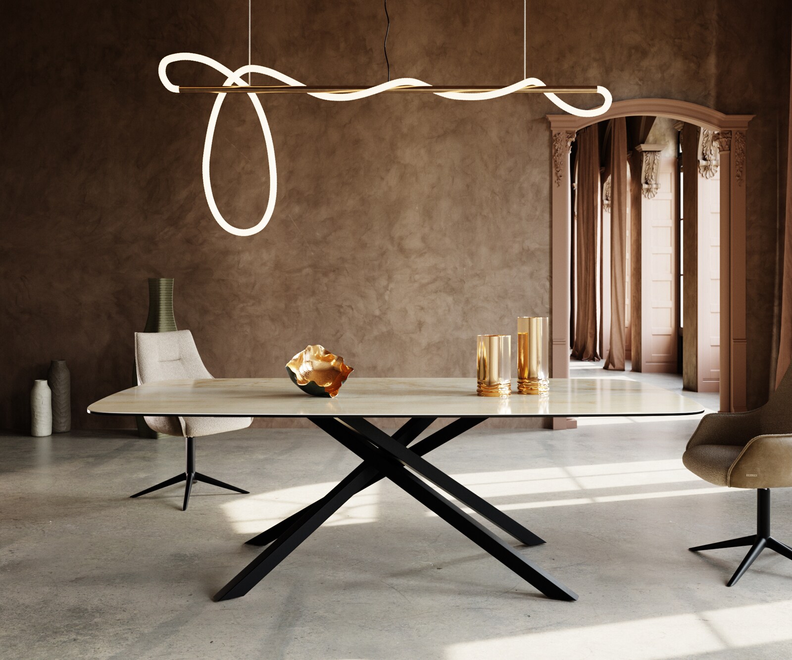 Eetkamertafel Edge Boot 240x120 cm Keramiek Iris FMG Onice Oro kruisonderstel Rechthoek Zwart 1