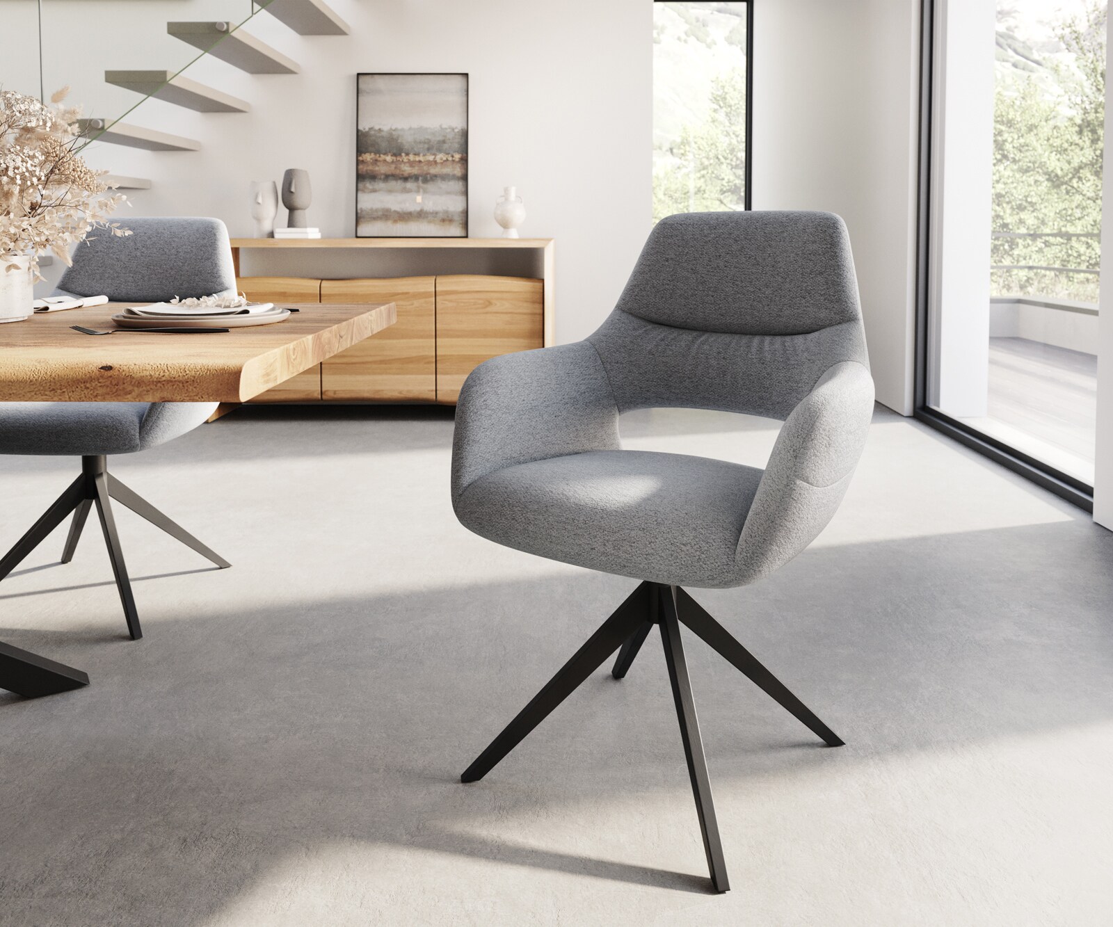 Eetkamerstoel Yago-Flex met armleuning structuurstof lichtgrijs kruisframe breed zwart pocketveer kern