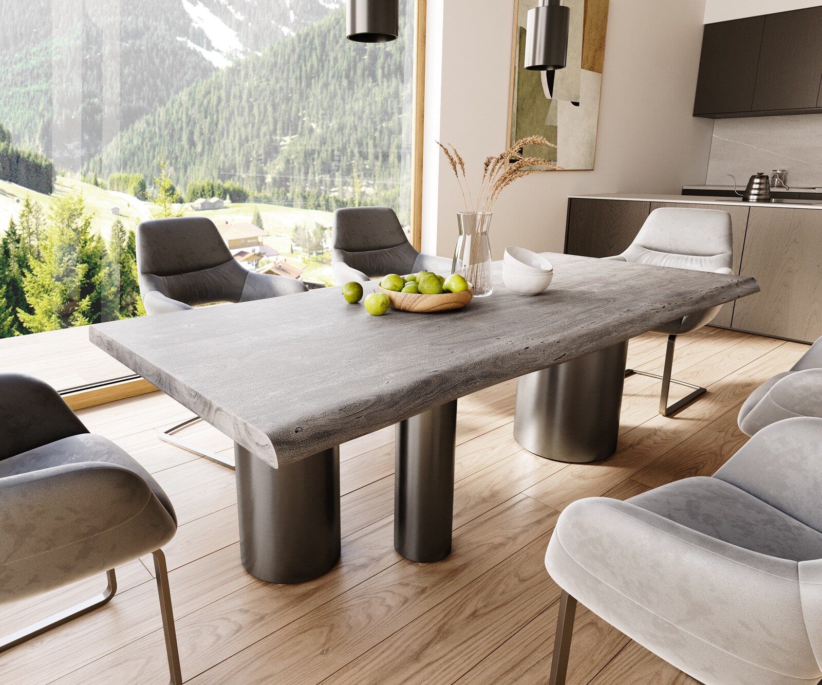 Eetkamertafel Edge 220x100 XL acacia platina Troa roestvrij staal grafiet Live-Edge 1