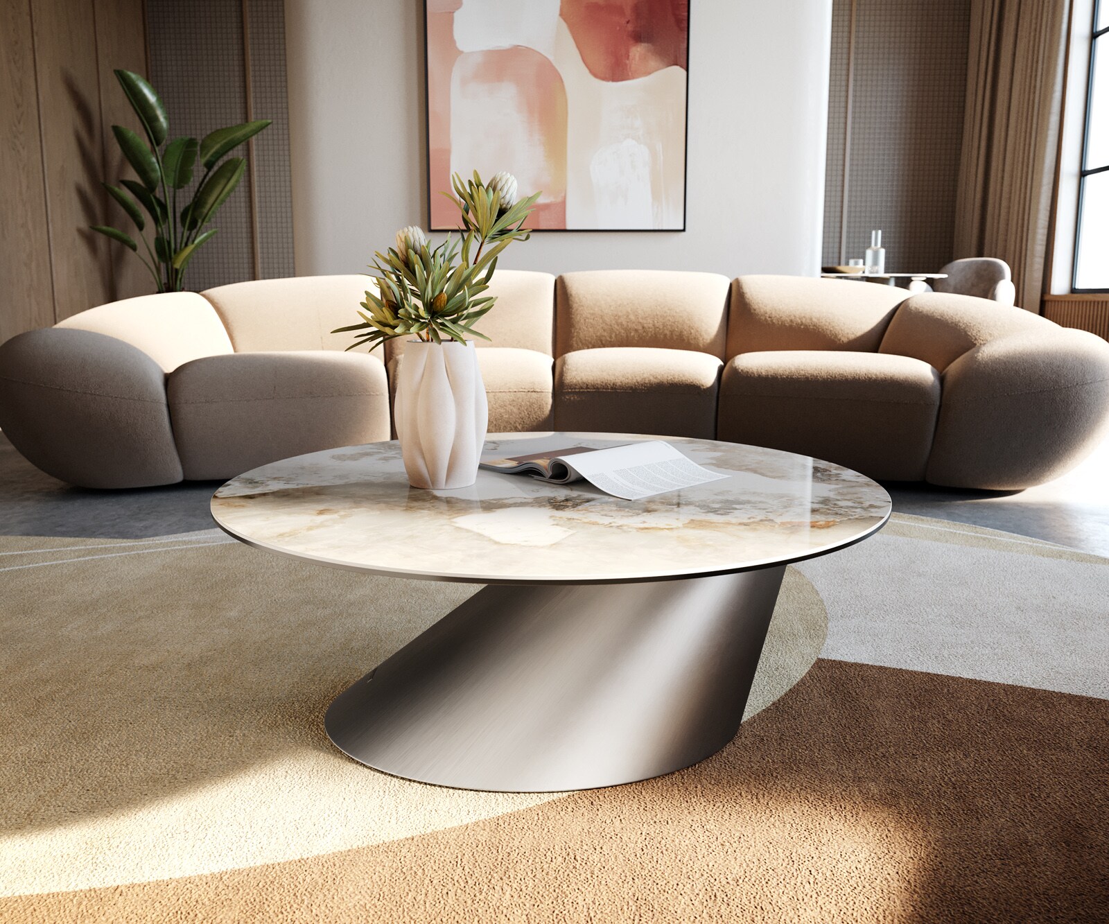Salontafel Edge rond 90x90 cm keramiek Minas Melange Conis geborsteld roestvrij staal 4