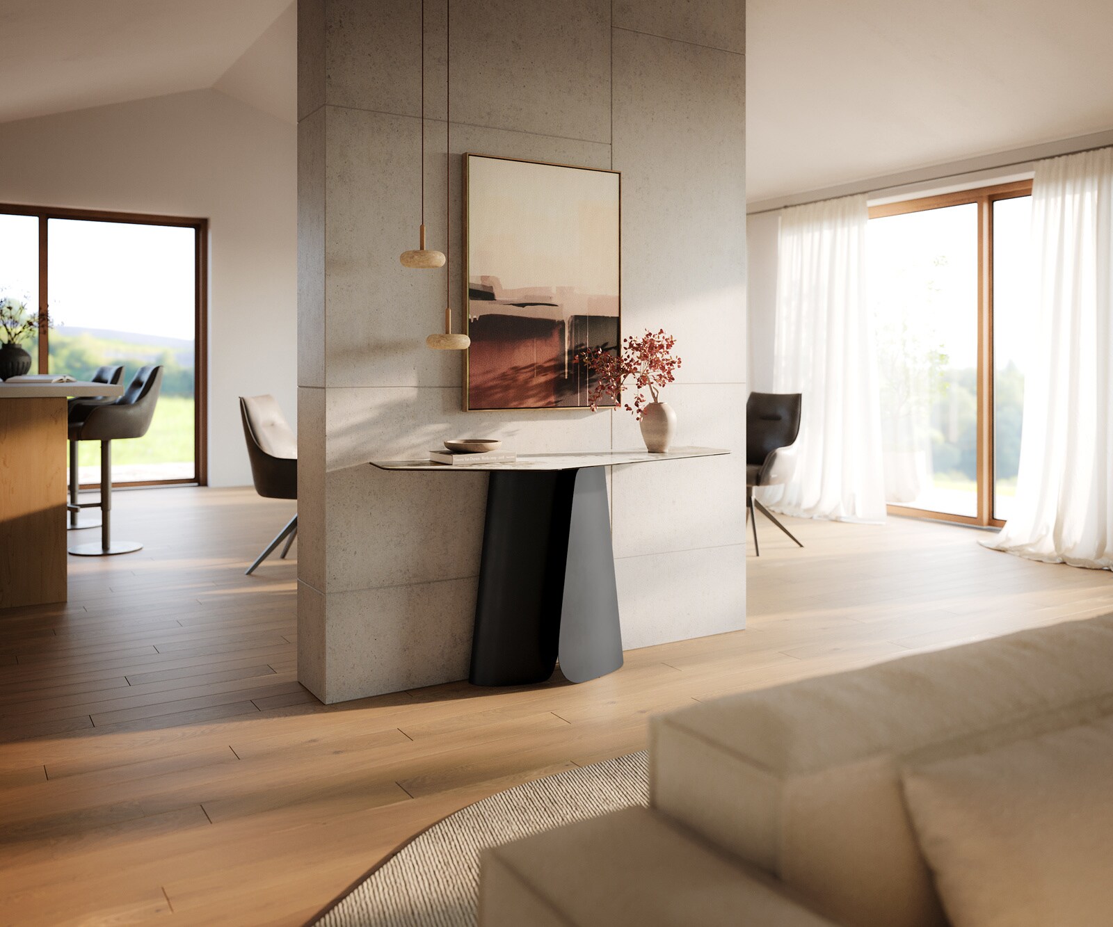 Consoletafel Edge Polygonaal 140x50 cm Keramiek Minas Melange Weiß-Beige Livos Metaal Zwart 7