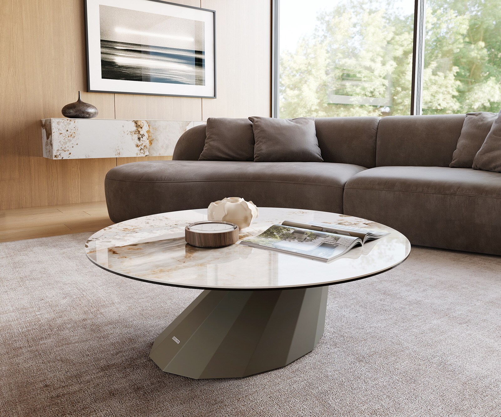Salontafel Edge rond 100x100 cm keramiek Minas Melange Parabi Metall effectafwerking titaan 1