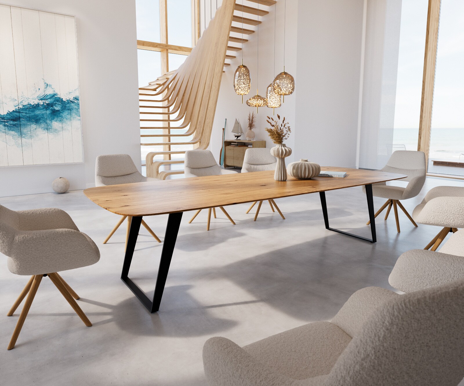 Eettafel Edge Boot 300x120 eiken natuur metaal schuin zwart  Schweizer Kante