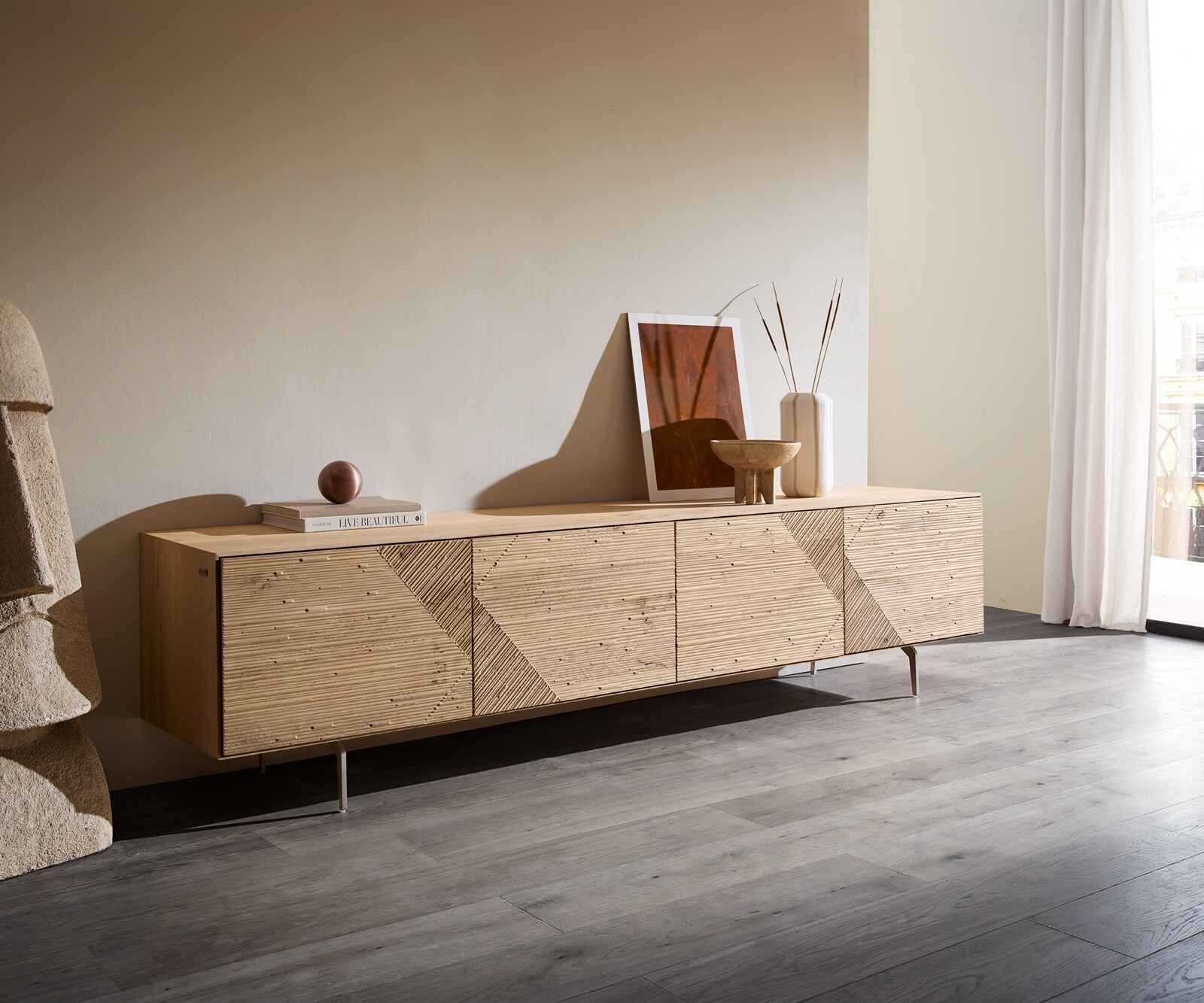 TV-meubel Tereos 220 cm eiken natuur 3D-effect 4 deuren hoekpoot geborsteld RVS