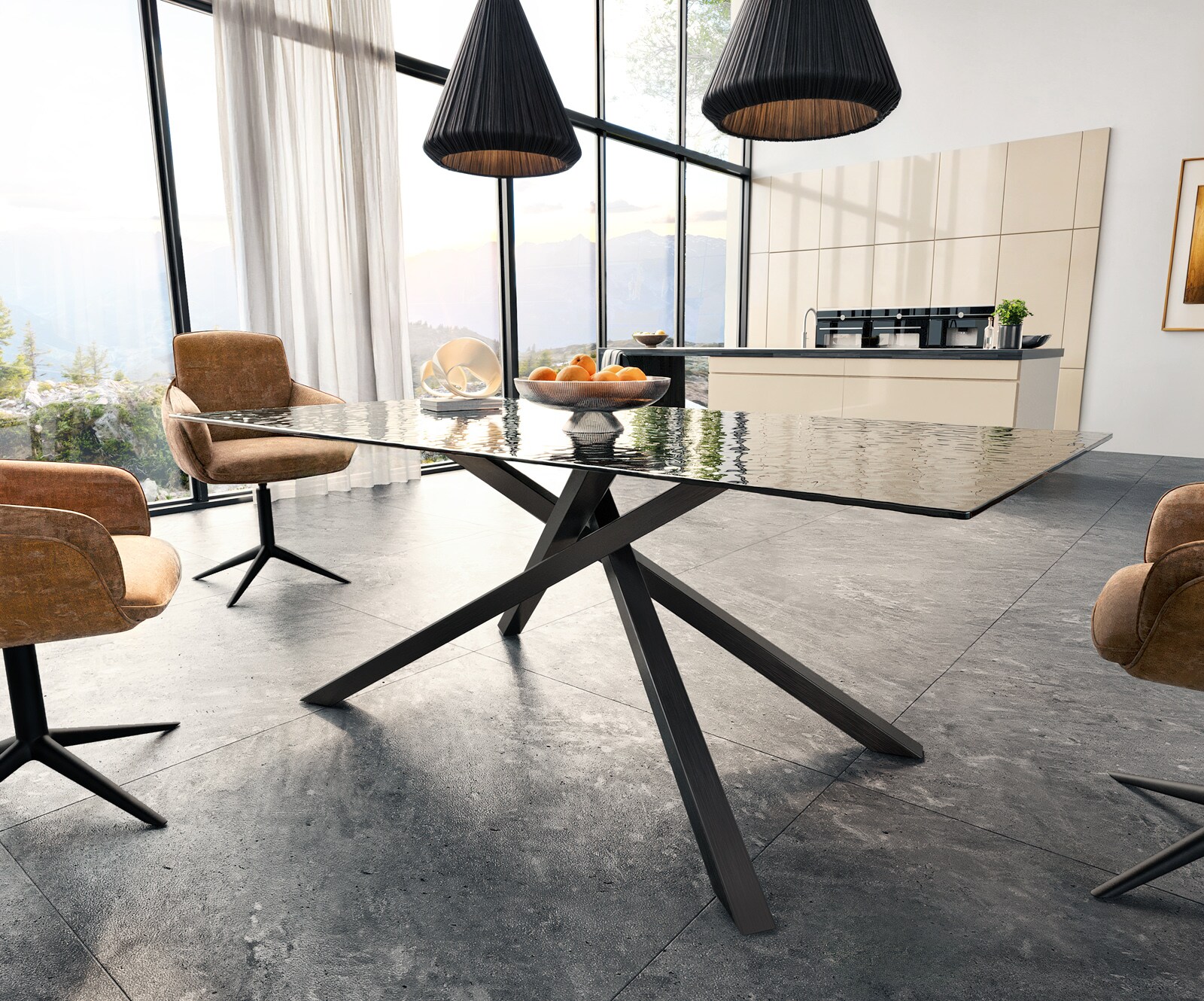 Eetkamertafel Edge 200x100 Glas smelten rokerig zwart 3D-Relief kruisframe rechthoek zwart 3