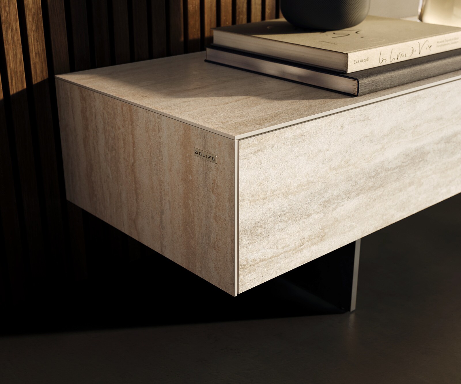 Tv-meubel Cuor 250 cm Keramiek Laminam® Travertino Bianco Crème-wit 1 Flap 1 Lade Zwevende voet look Metaal Zwart 6
