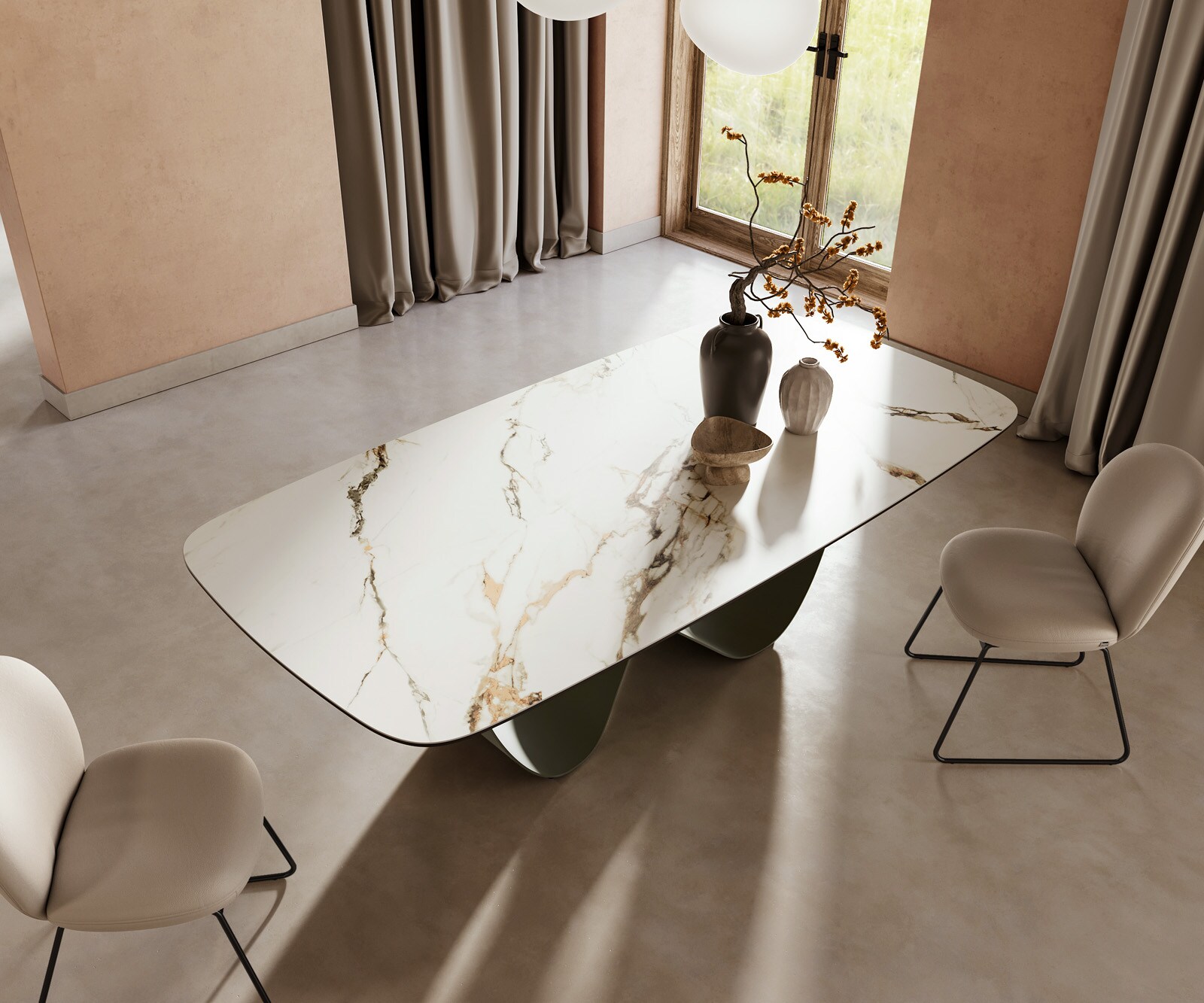 Eettafel Edge Boot 240x120cm keramiek Calacatta Luxe wit-goud-grijs Infinity metaal effect afwerking titanium 4
