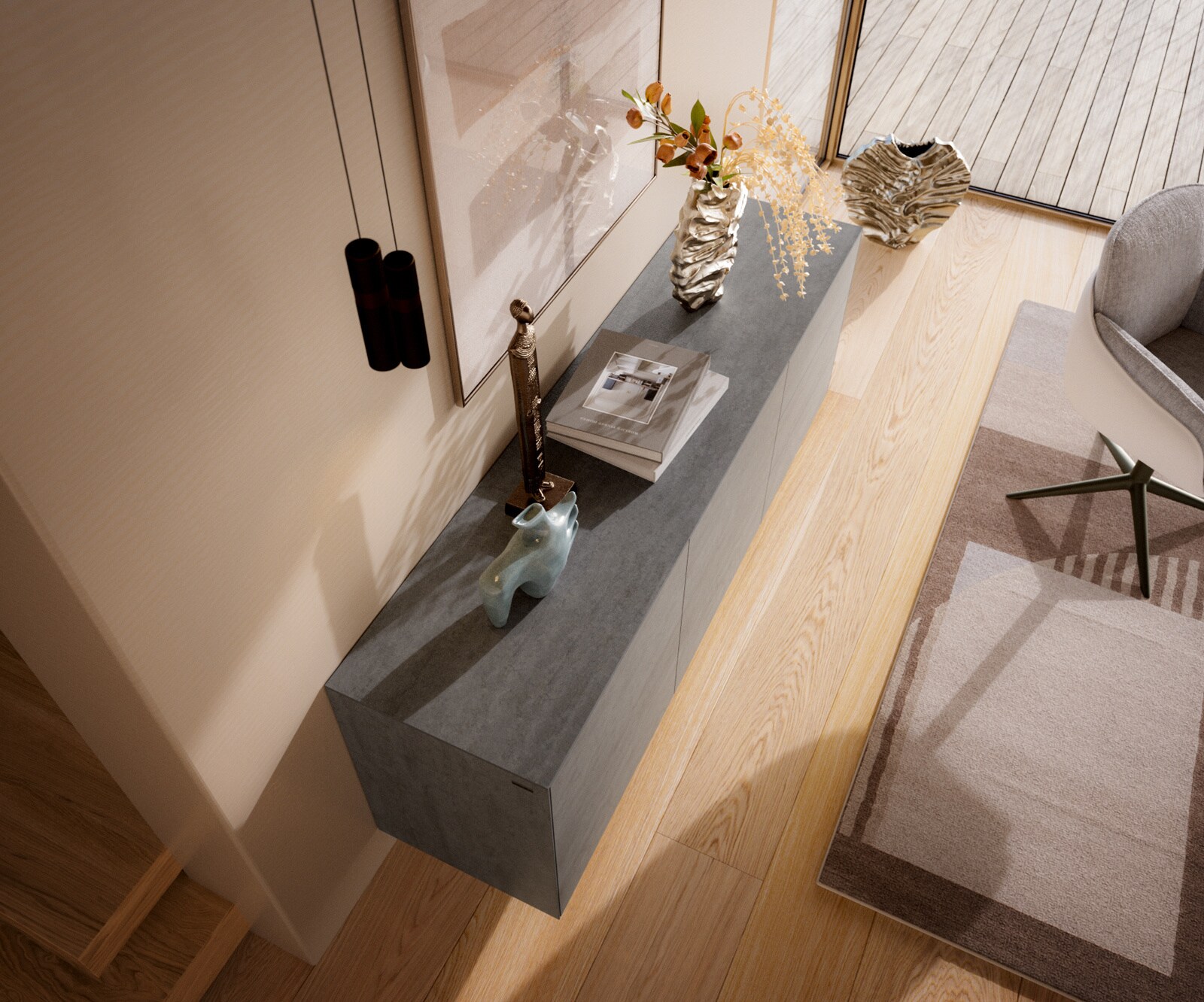 Dressoir Cuor 180 cm Keramiek Beton Grijs 2 Deuren 3 Laden Zwevende voet look Metaal Zwart 3