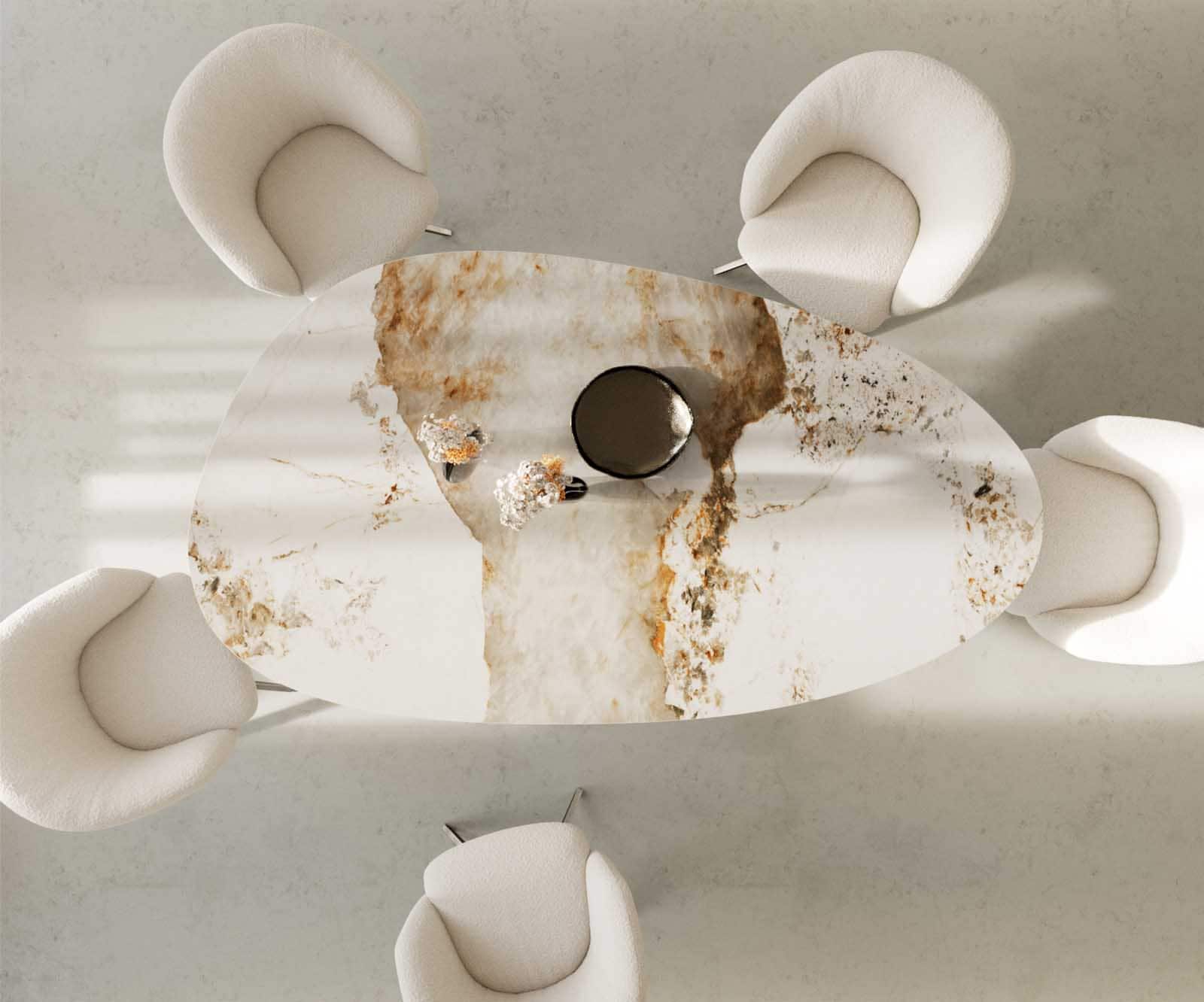 Eettafel Edge ovaal 220x120 keramiek Minas Melange wit-beige pilier roestvrij staal 5 Eettafel Edge ovaal 220x120 keramiek Minas Melange wit-beige pilier roestvrij staal 5