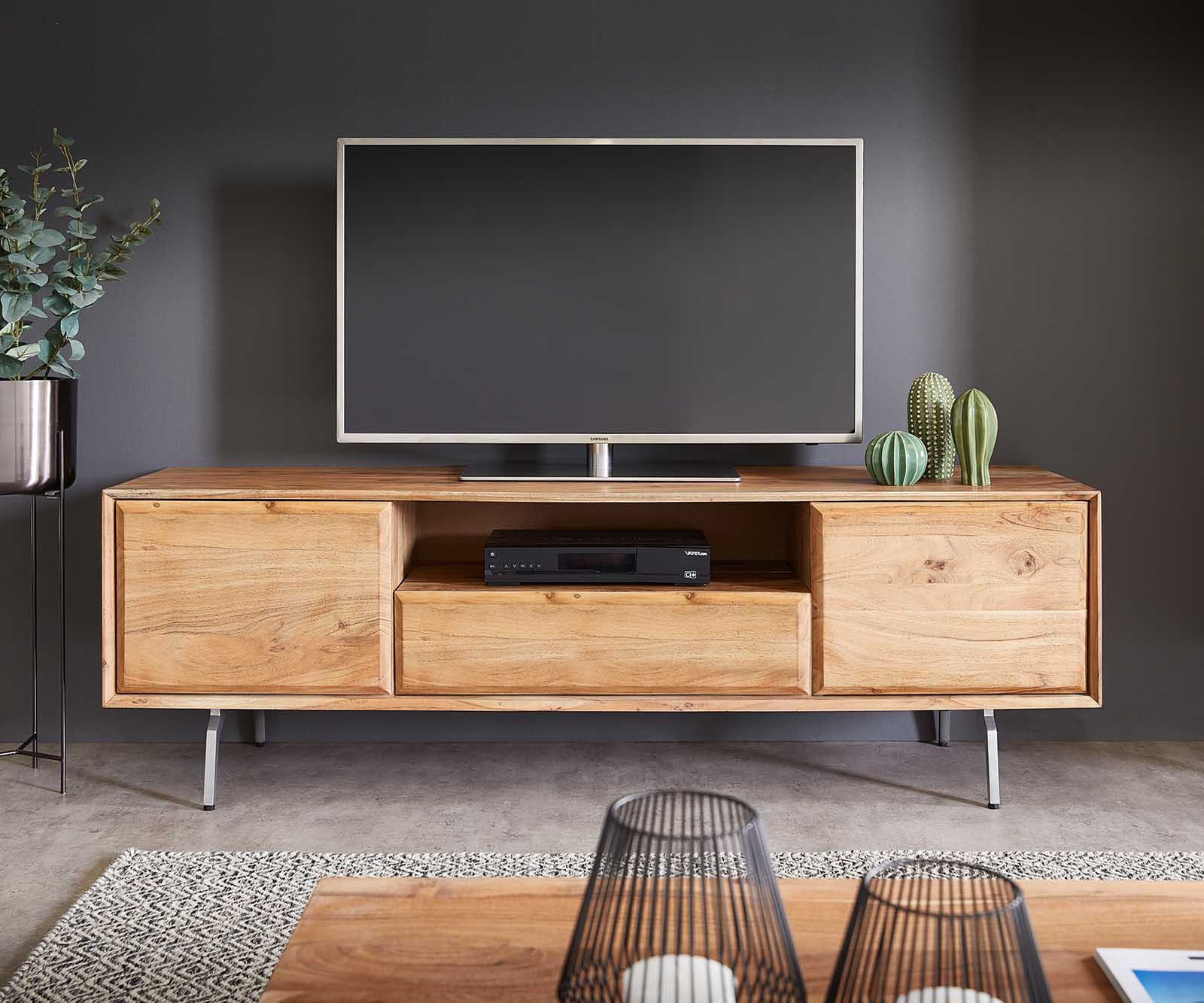 Tv-meubel Shari 160 cm natuur acacia 2 deuren 1 lade 1 plank Gehoekte basis roestvrij staal 1 Tv-meubel Shari 160 cm natuur acacia 2 deuren 1 lade 1 plank Gehoekte basis roestvrij staal 1