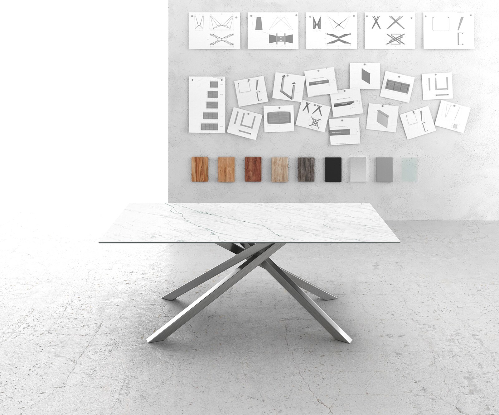 Eettafel Edge 200x100cm Laminam® keramiek wit middenpoot kruis zilver 2