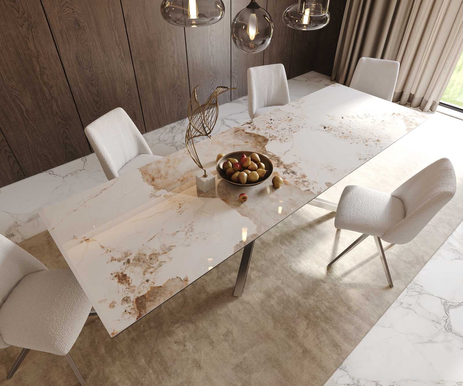 Eetkamertafel Edge 300x100 keramiek Minas Melange wit-beige kruisframe rechthoek RVS 6