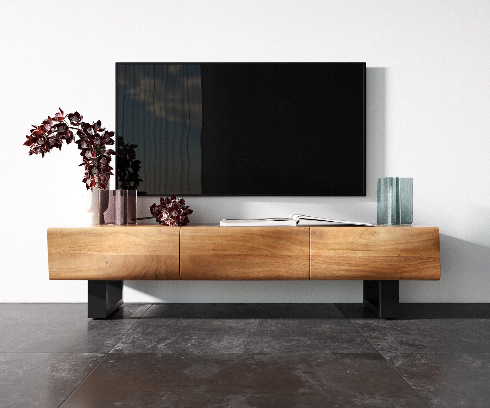 TV-meubel New Live-Edge 145 cm acacia natuur 3 deuren met metalen sledepoten zwart 3