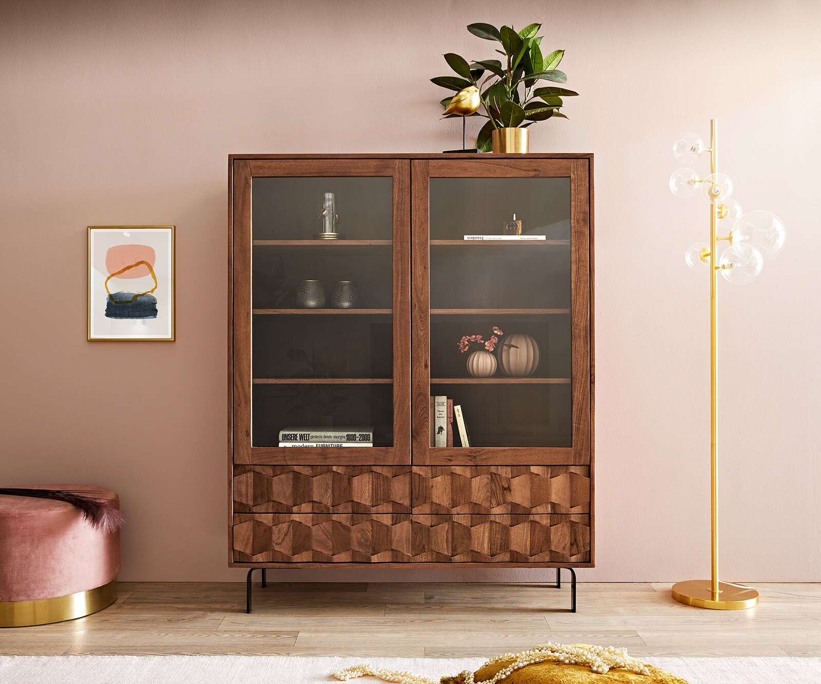 Vitrinekast Fevo 115x150 cm acacia bruin L-poot 1
