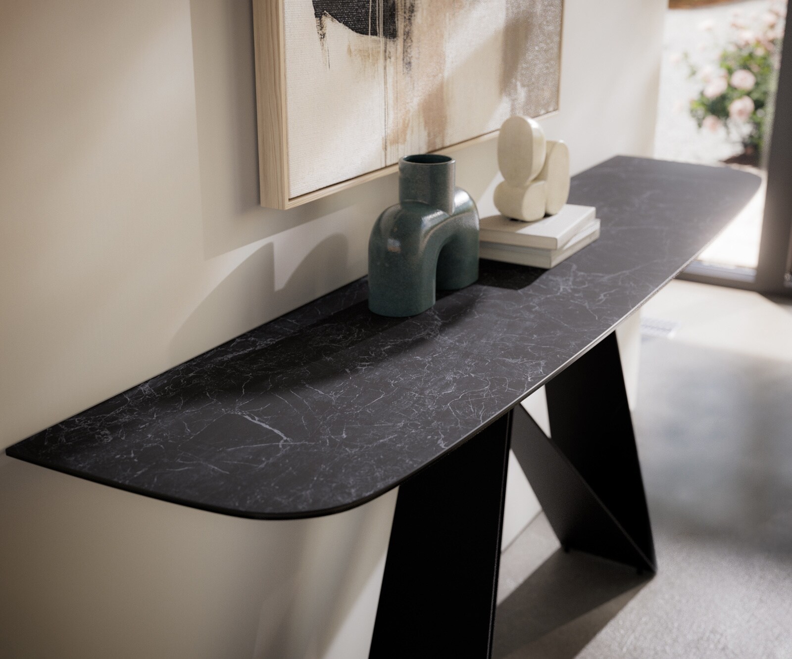 Consoletafel Edge Bootvorm 180x40 cm Keramiek Laminam® Nero Greco Anthrazit Velio Metaal Zwart 2