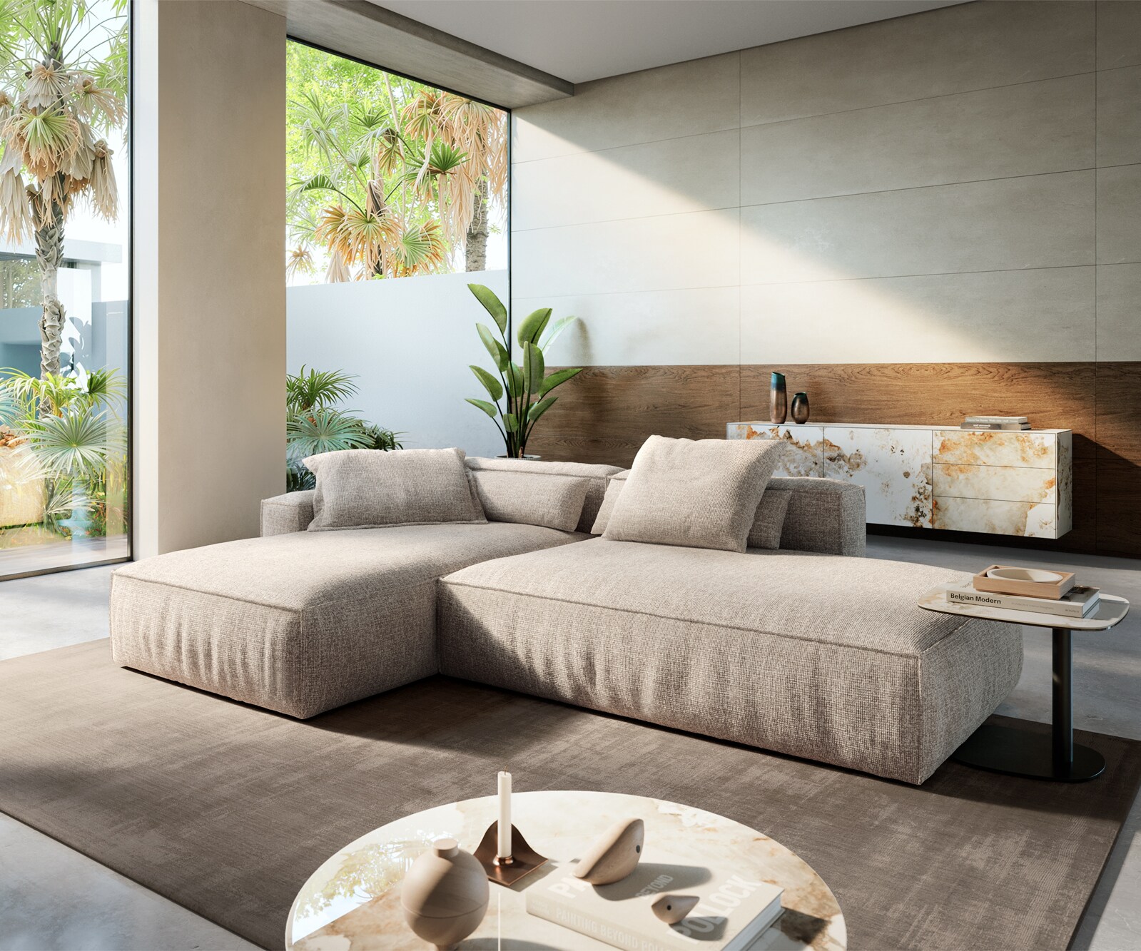 Hoekbank Freestyle 310x200 cm Zachte Geweven stof Beige kedernaad 3