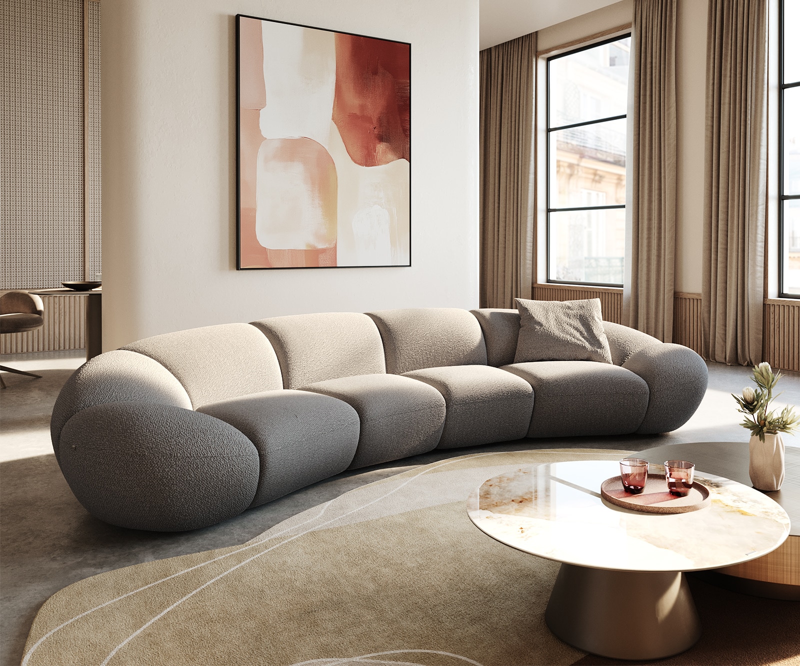 Big-sofa Lunna 360x175 cm Bouclé zilvergrijs 2 kussens Big-sofa Lunna 360x175 cm Bouclé zilvergrijs 2 kussens