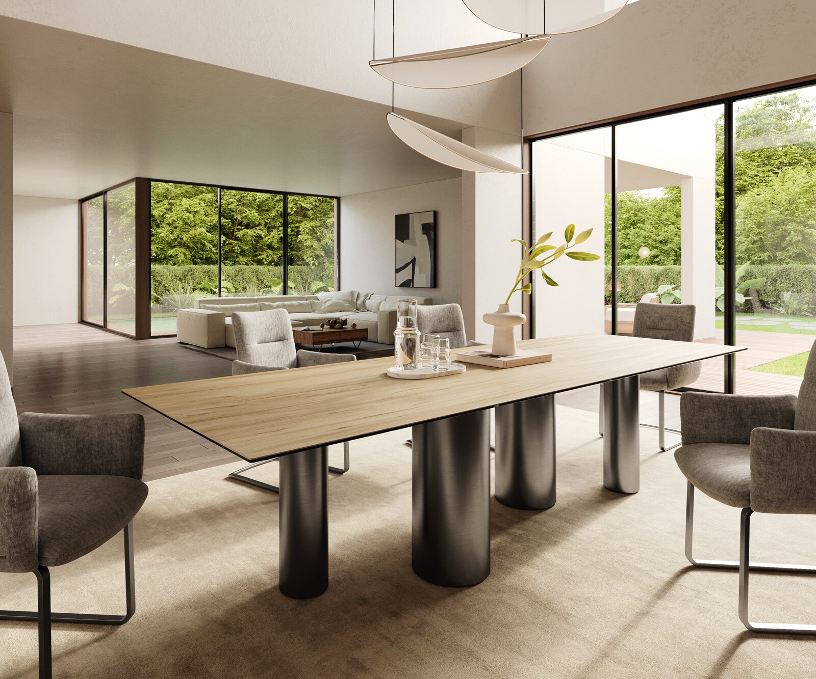 Eetkamertafel Edge 300x100 keramiek Laminam® Sabbia eiken kleur Pilier roestvrij staal grafiet 1