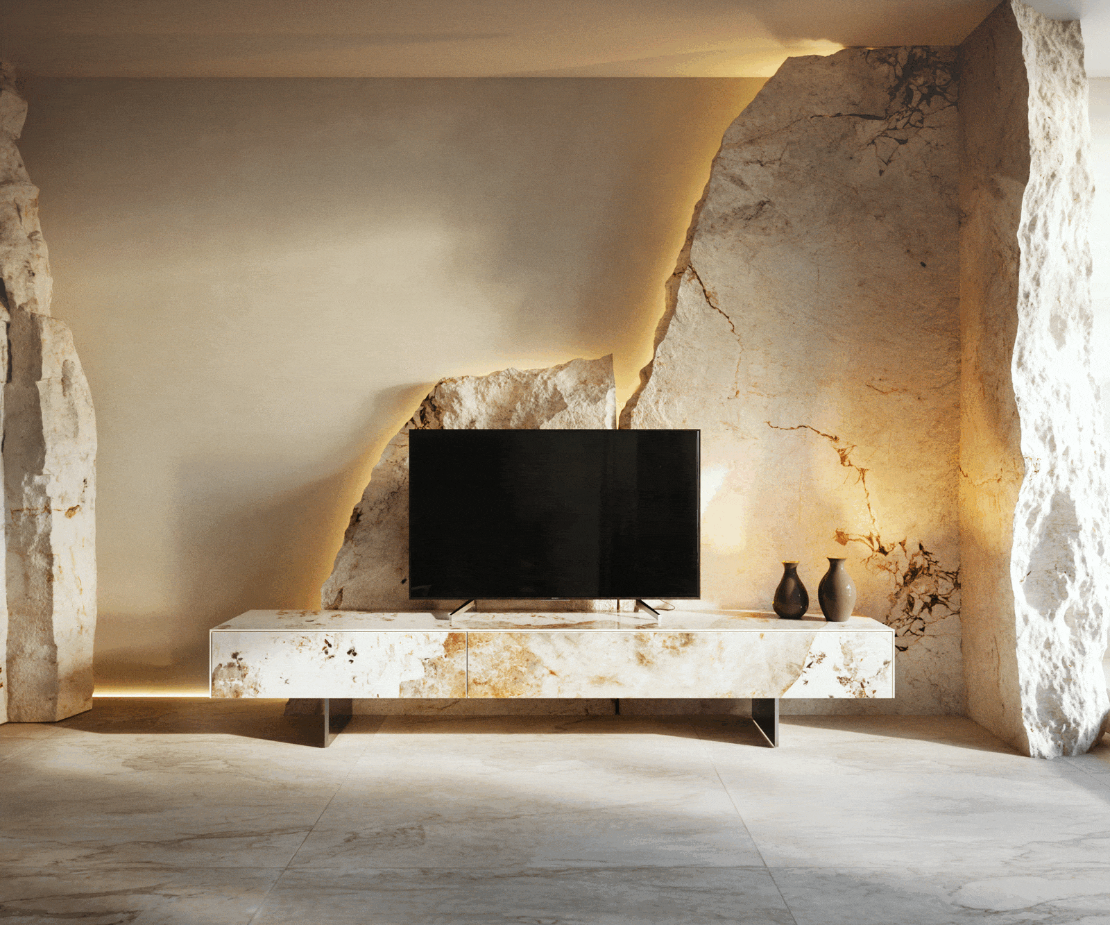 Tv-meubel Cuor 200 cm Keramiek Minas Melange Wit-beige 1 Flap 1 Lade Zwevende voet look Roestvrij staal 5