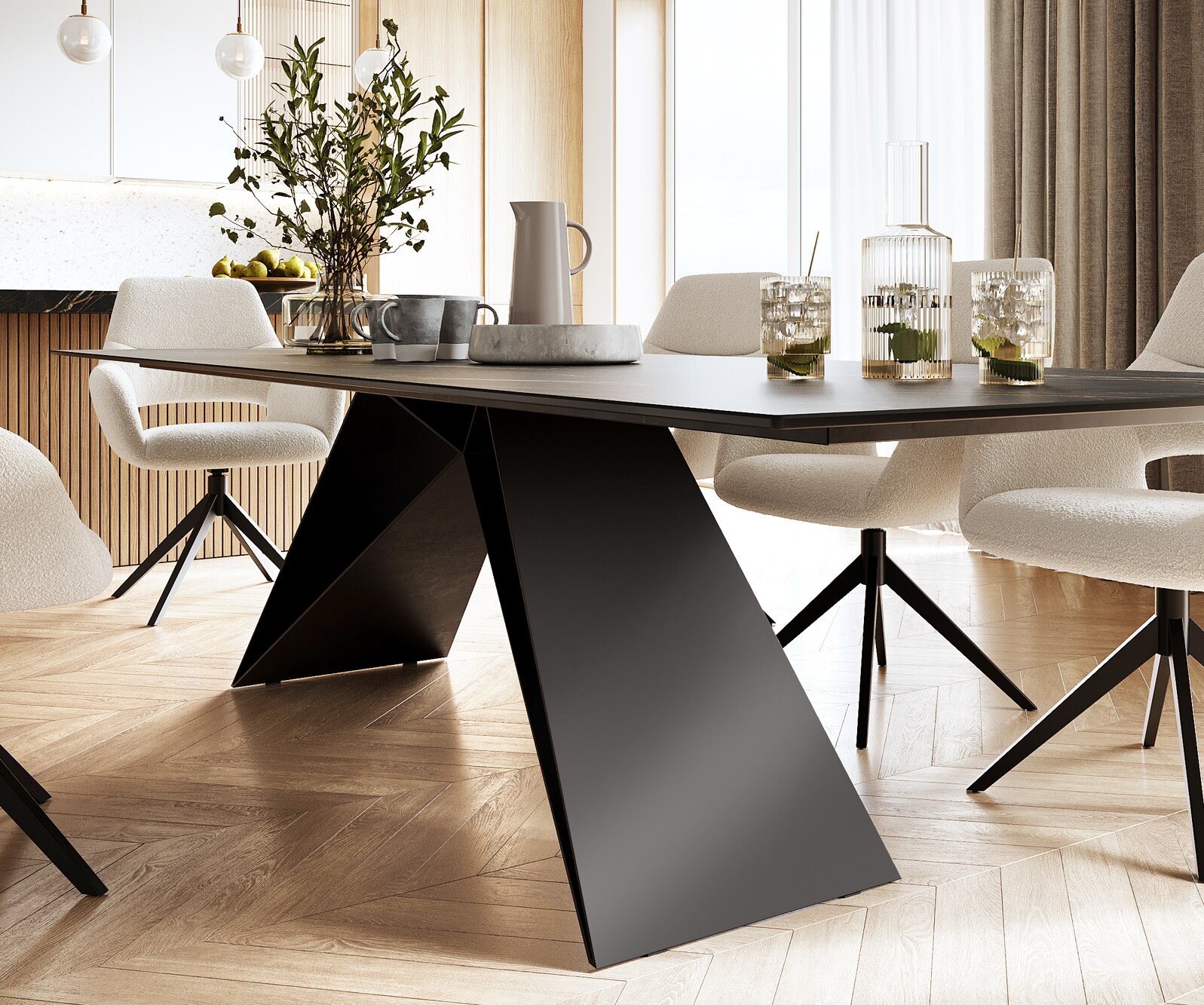 Eettafel Edge 300x100cm Laminam® keramiek bruin V-middenpoot zwart 4