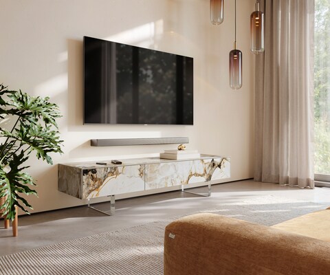 Tv-meubel Cuor 150 cm Keramiek Patagonia gepolijst 1 Flap 1 Laden Zwevende voet look Acrylglas