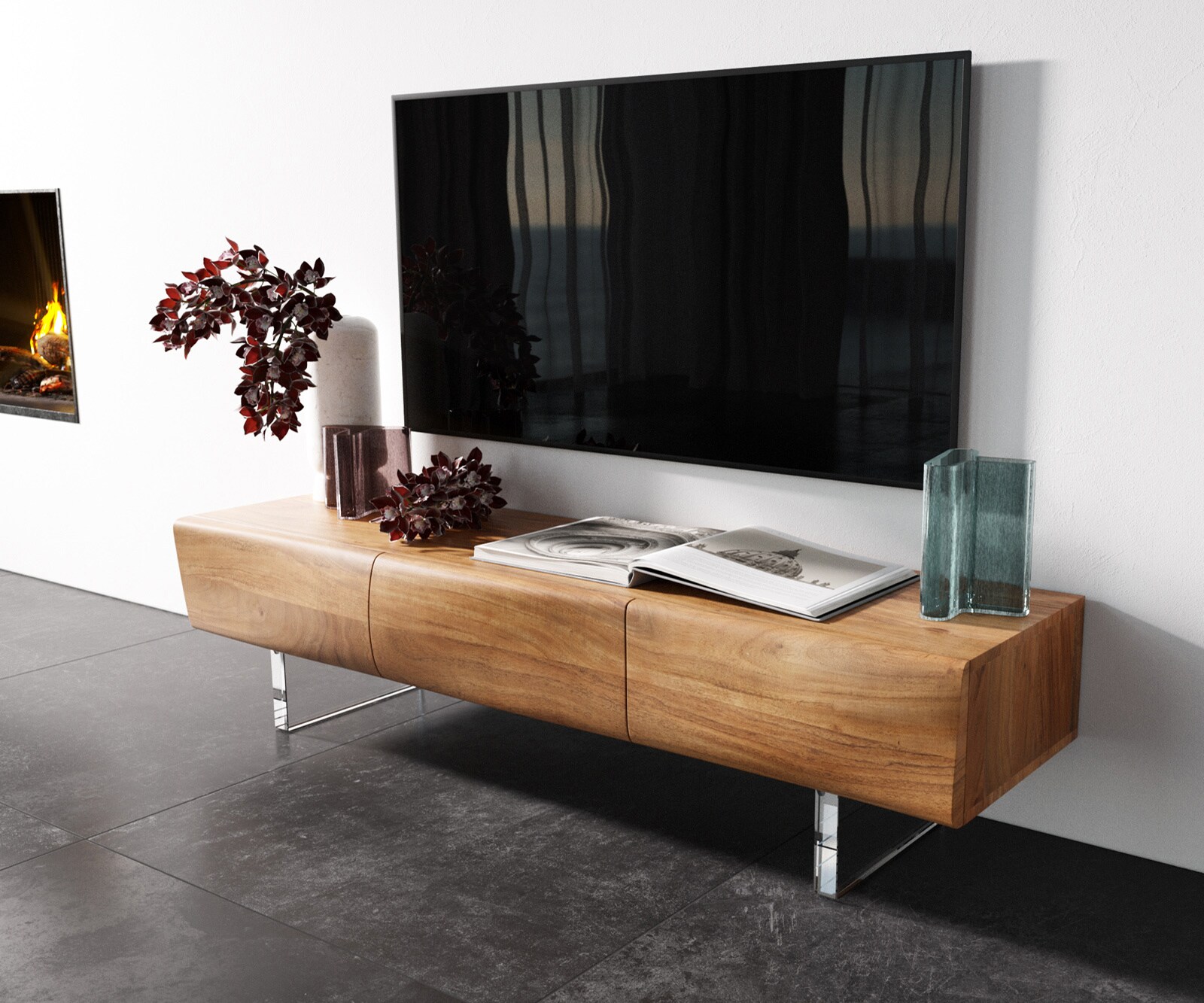 TV-meubel New Live-Edge 145 cm acacia natuur 3 deuren acrylpoot