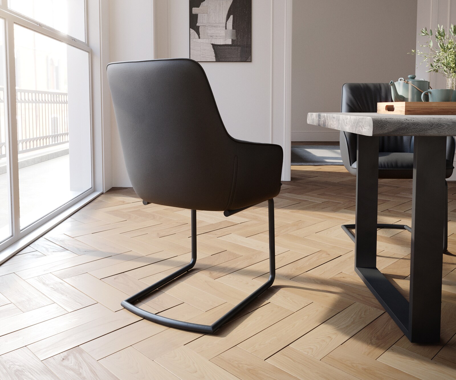Sledemodel Zelia-Flex met armleuning echt leer zwart sledemodel rond zwart pocketveer kern 5