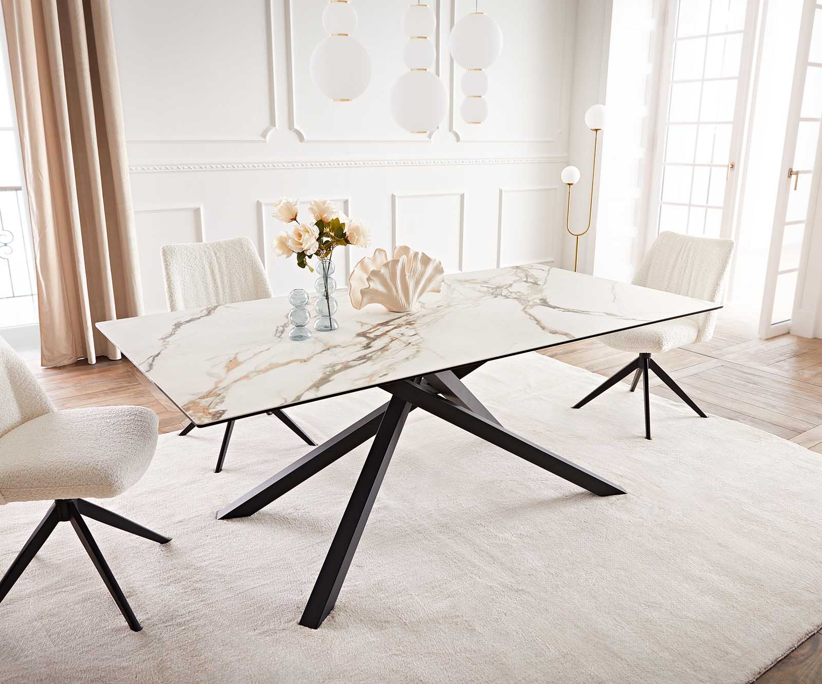 Eetkamertafel Edge 200x100 keramiek Calacatta Luxe wit-goud-grijs kruisframe rechthoek zwart 1