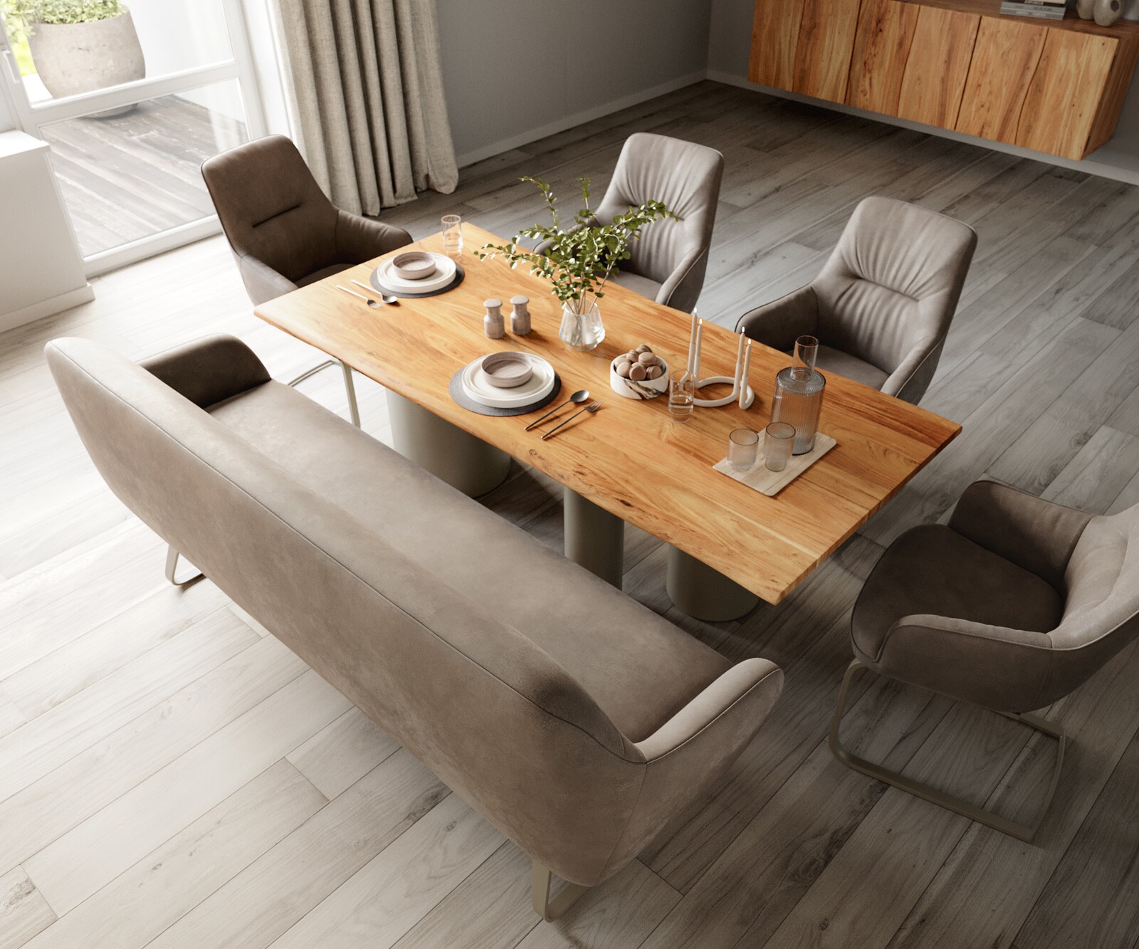 Eetkamerbank Taya-Flex 200 cm microvelours taupe vintage platte sledebasis afwerking met titaniumeffect pocketvering 3