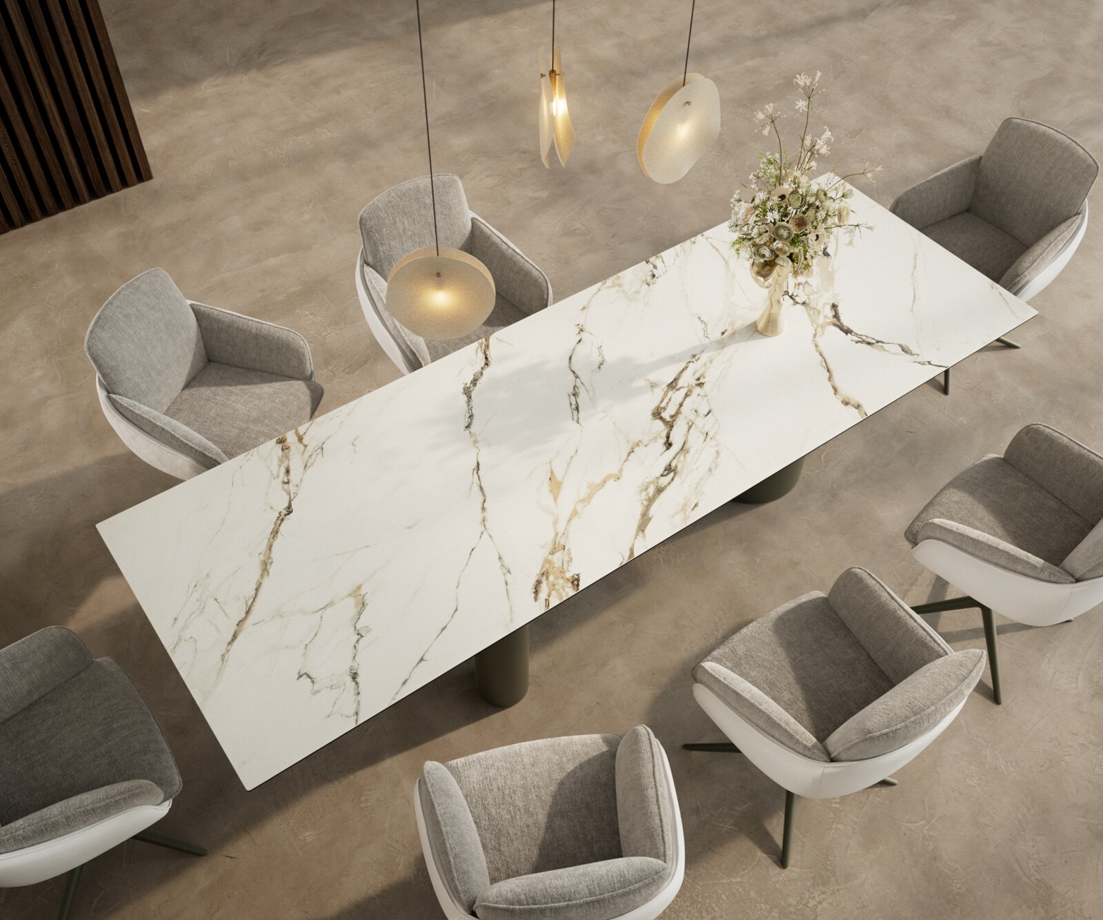 Eetkamertafel Edge 300x100 keramiek Calacatta Luxe wit-Gold-grijs Troa metaal effectafwerking titaan 3