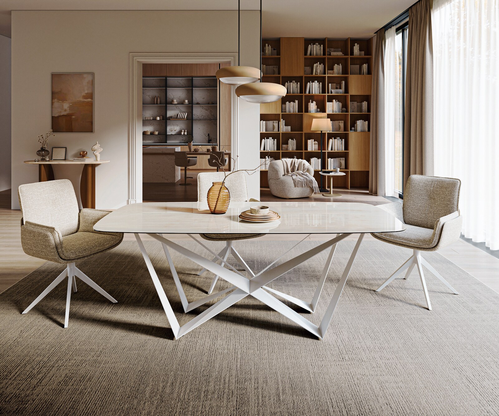 Eettafel Edge boot 200x100 cm keramiek Onyx Champagne Spider metaal wit 1