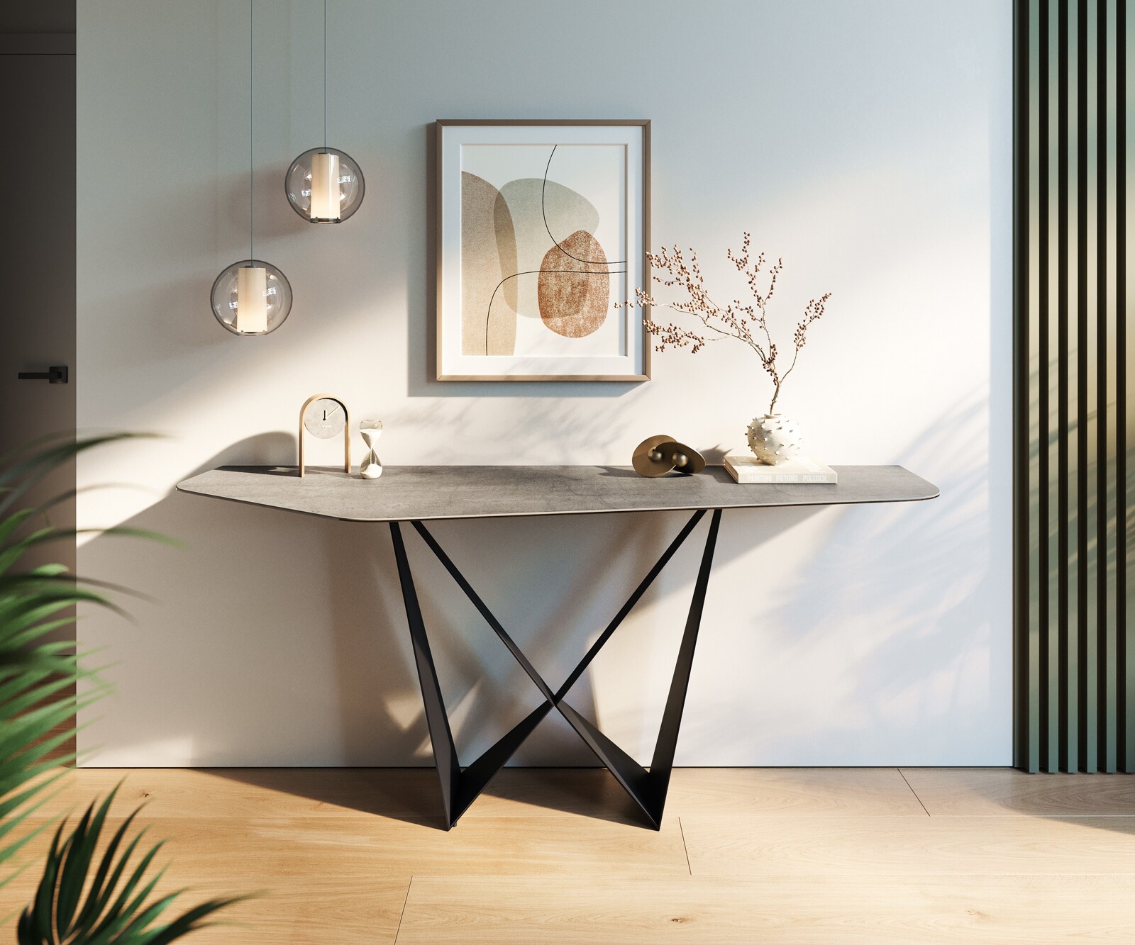 Consoletafel Edge Polygonaal 180x50 cm Keramiek Betongrijs Spios Metaal Zwart 4
