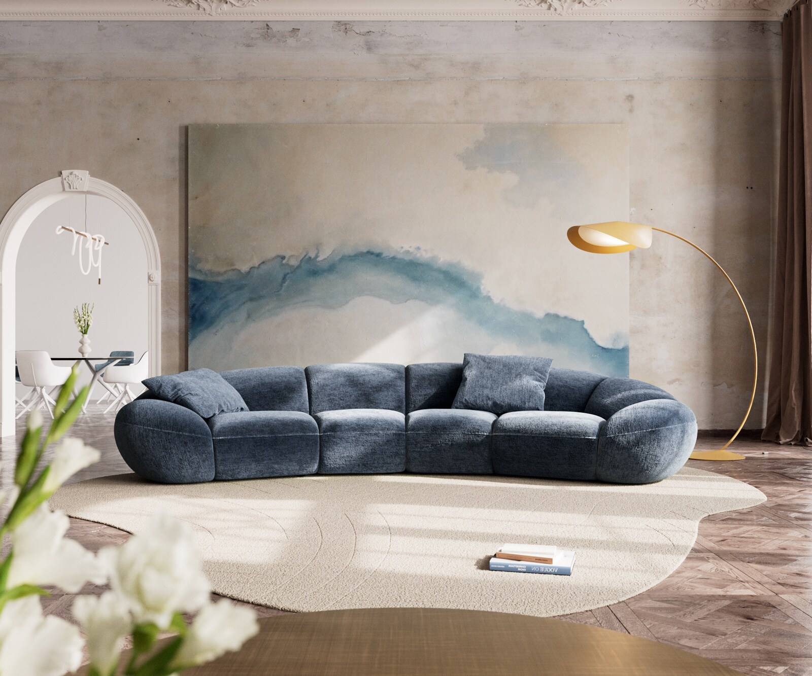 Big-sofa Lunna 360x175 cm chenille blauw 2 kussens 1