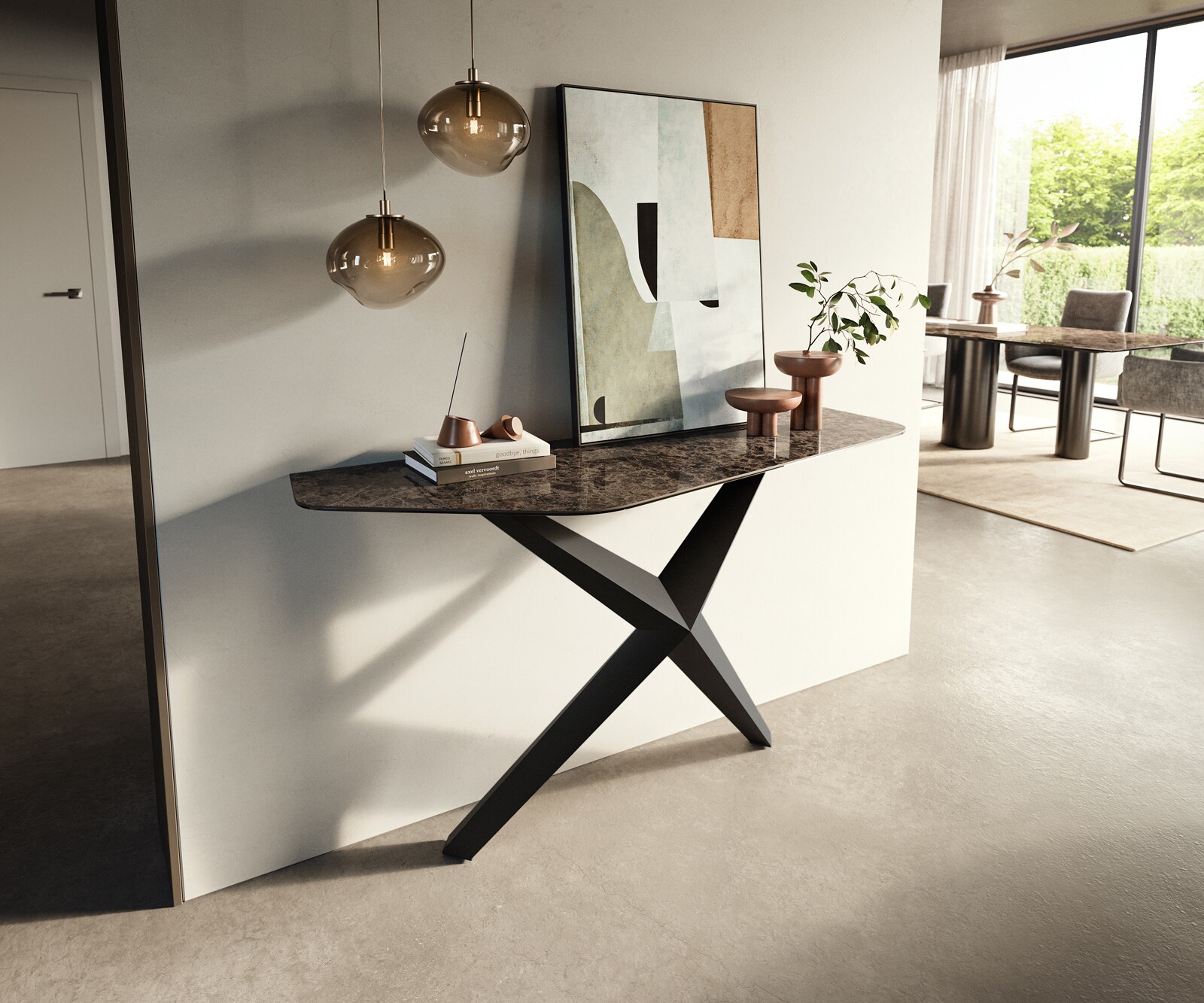 Consoletafel Edge Polygonaal 140x50 cm Keramiek Emperador Extra Lucidato Dunkelbraun Zentharo Metaal Zwart 3