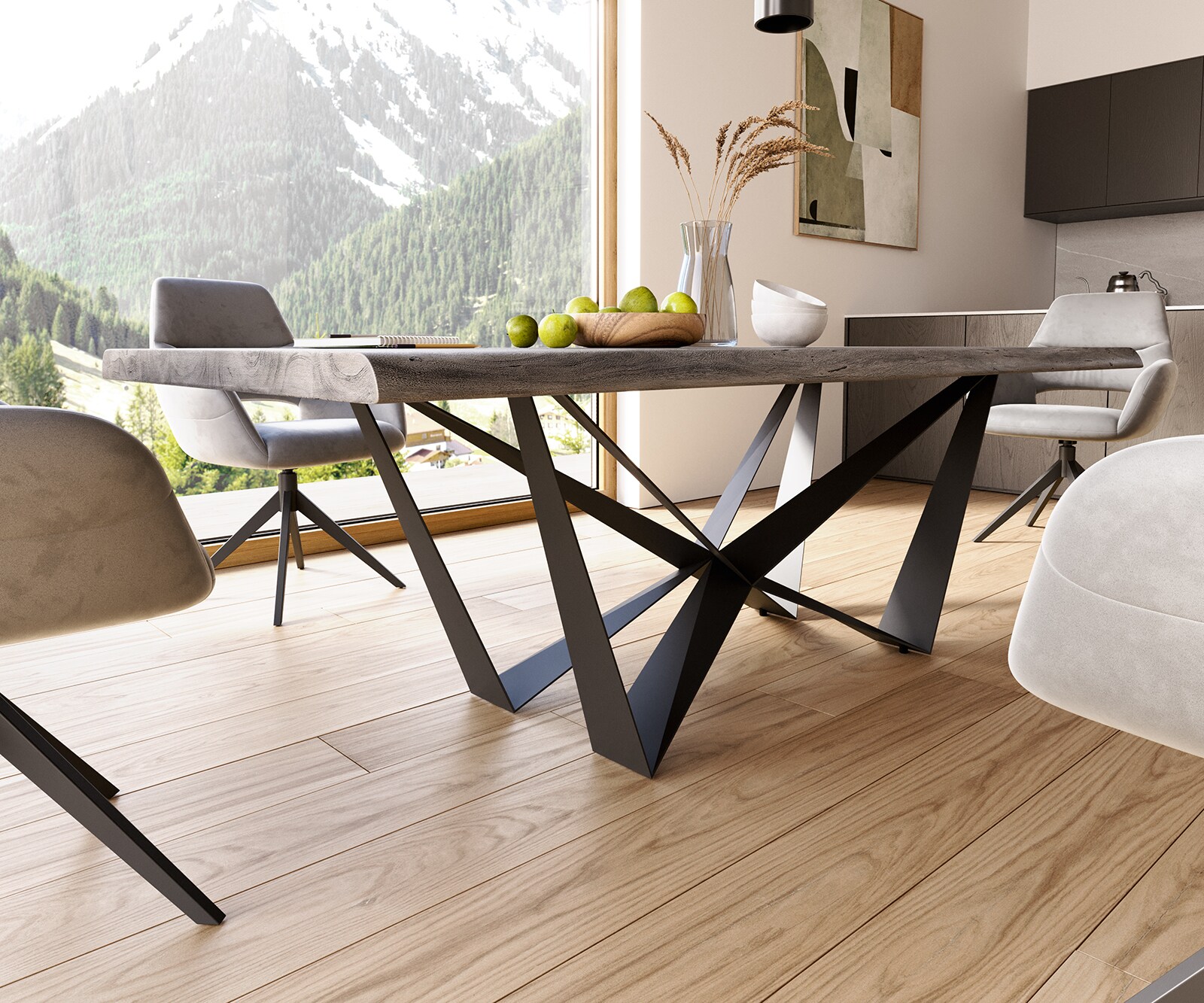 Eettafel Edge 220x100 XL acacia platina  Spider staal  zwart  Live-Edge 5