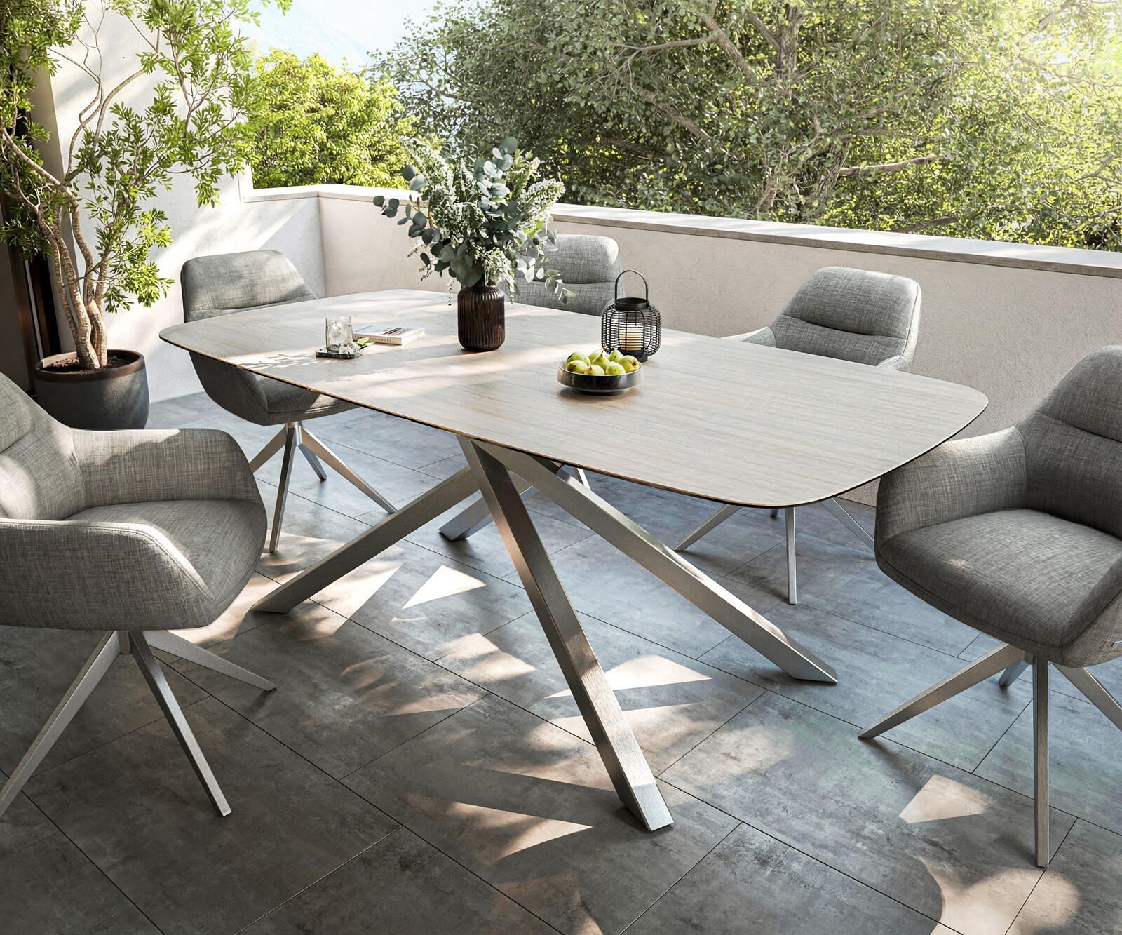 Outdoortafel Edge Boot 200x100 cm keramiek Laminam® Travertino Bianco crème-wit kruispoot rechthoekig roestvrij staal 1