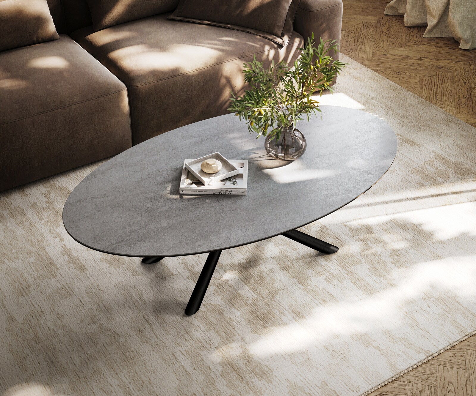 Salontafel Edge ovaal 140x80 cm keramiek beton grijs Sarity metaal zwart 4