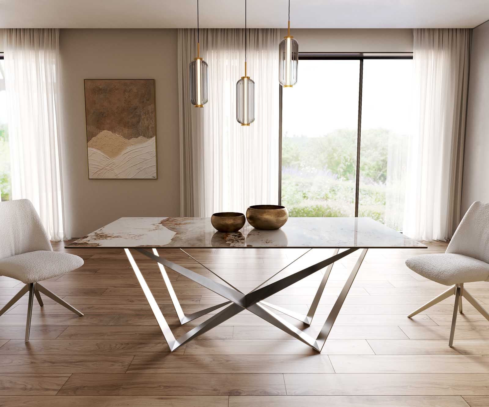 Eetkamertafel Edge 200x100 keramiek Minas Melange wit-beige spider vlak staal RVS 1