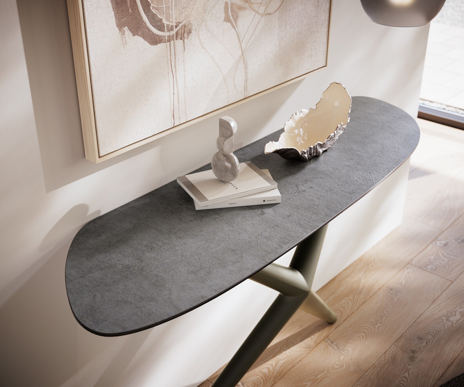 Consoletafel Edge Organisch 140x40 cm Keramiek Beton Grijs Estelo Metaal Effectafwerking Titan 6