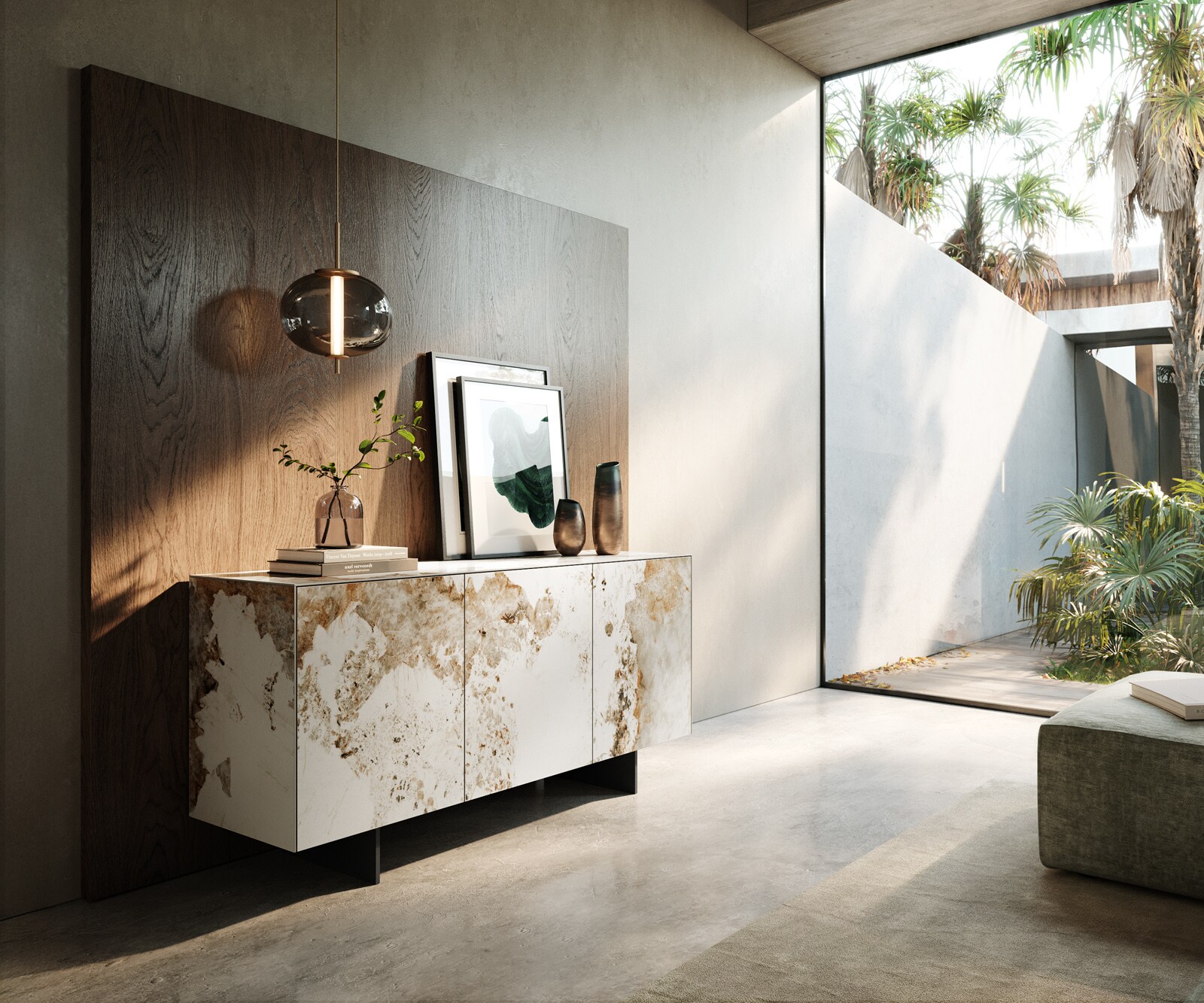 Dressoir Cuor 150 cm Keramiek Minas Melange Wit-beige 3 Deuren Zwevende voet look Metaal Zwart 1