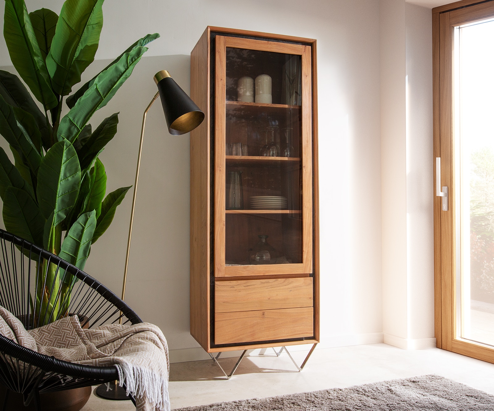 Vitrinekast Stonegrace 60x175 acacia natuur 1 deur 2 laden steen fineer V-poot Vitrinekast Stonegrace 60x175 acacia natuur 1 deur 2 laden steen fineer V-poot